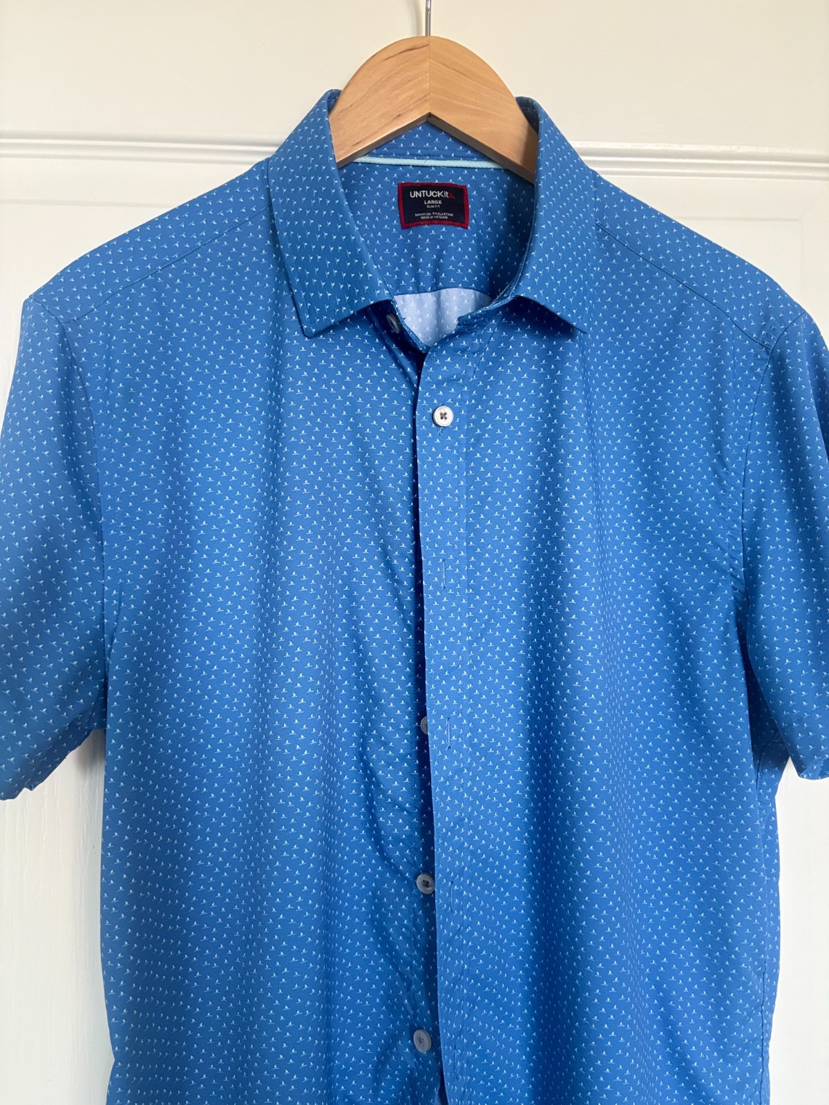 Untuckit Mens Large Slim Fit Blue Performance Short-Sleeve Livingston Shirt