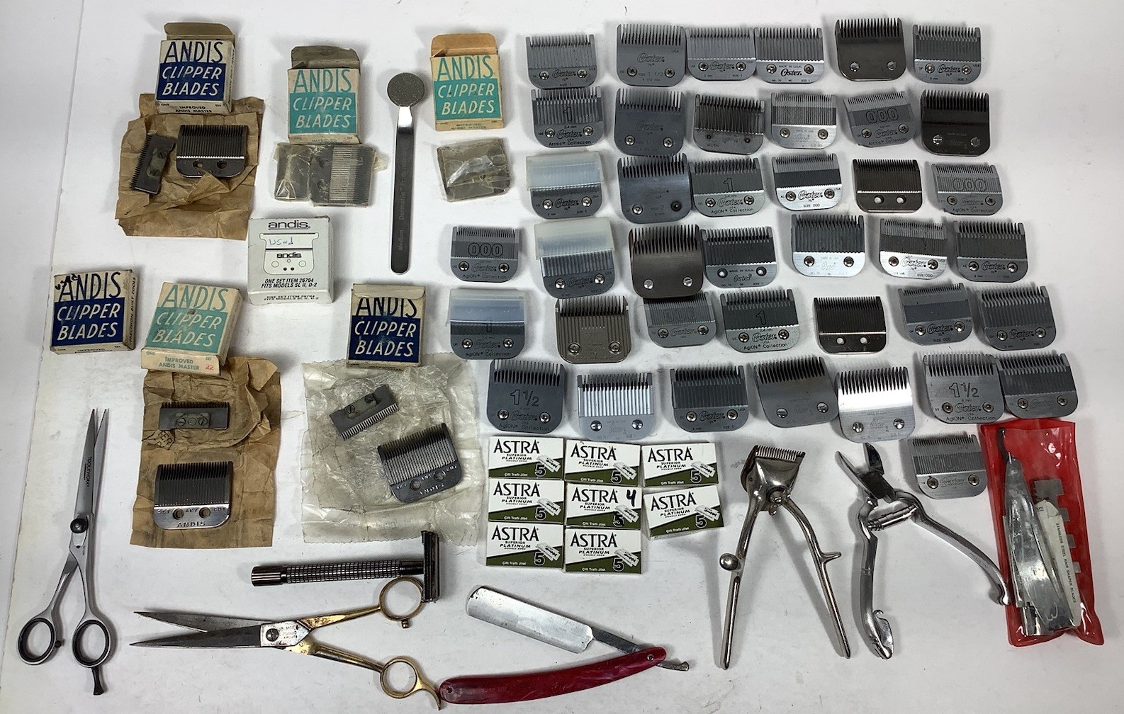 Huge Professional Barber Lot - 40+ Oster 76 & Andis Blades, C-Mon Shears, Razors Huge Professional Barber Lot - 40+ Oster 76 & Andis Blades, C-Mon Shears, Razors