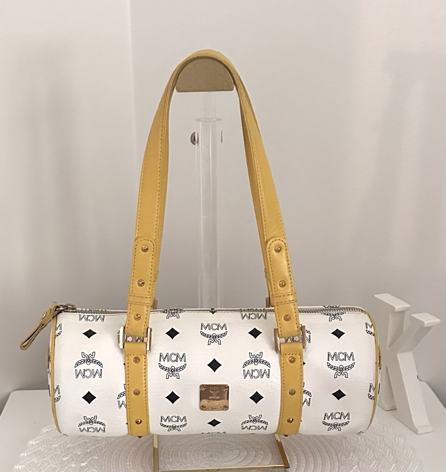 MCM White Visetos Monogram Yellow Leather Papillon Barrel Shoulder Bag Luxury