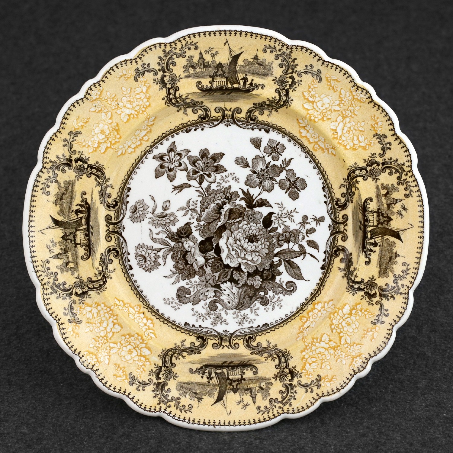 Scarce Antique Staffordshire YELLOW & BROWN Transferware SHIRAZ 9\ Scarce Antique Staffordshire YELLOW & BROWN Transferware SHIRAZ 9\