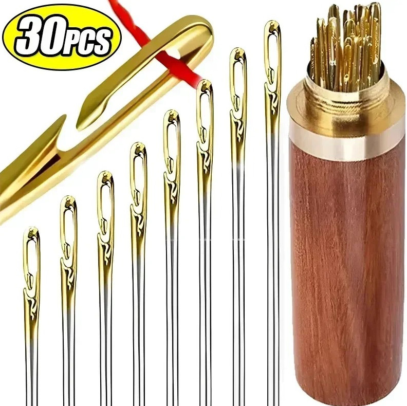 30pcs Self-Threading Blind Sewing Needles with Wooden Storage Case - NEW 30pcs Self-Threading Blind Sewing Needles with Wooden Storage Case - NEW