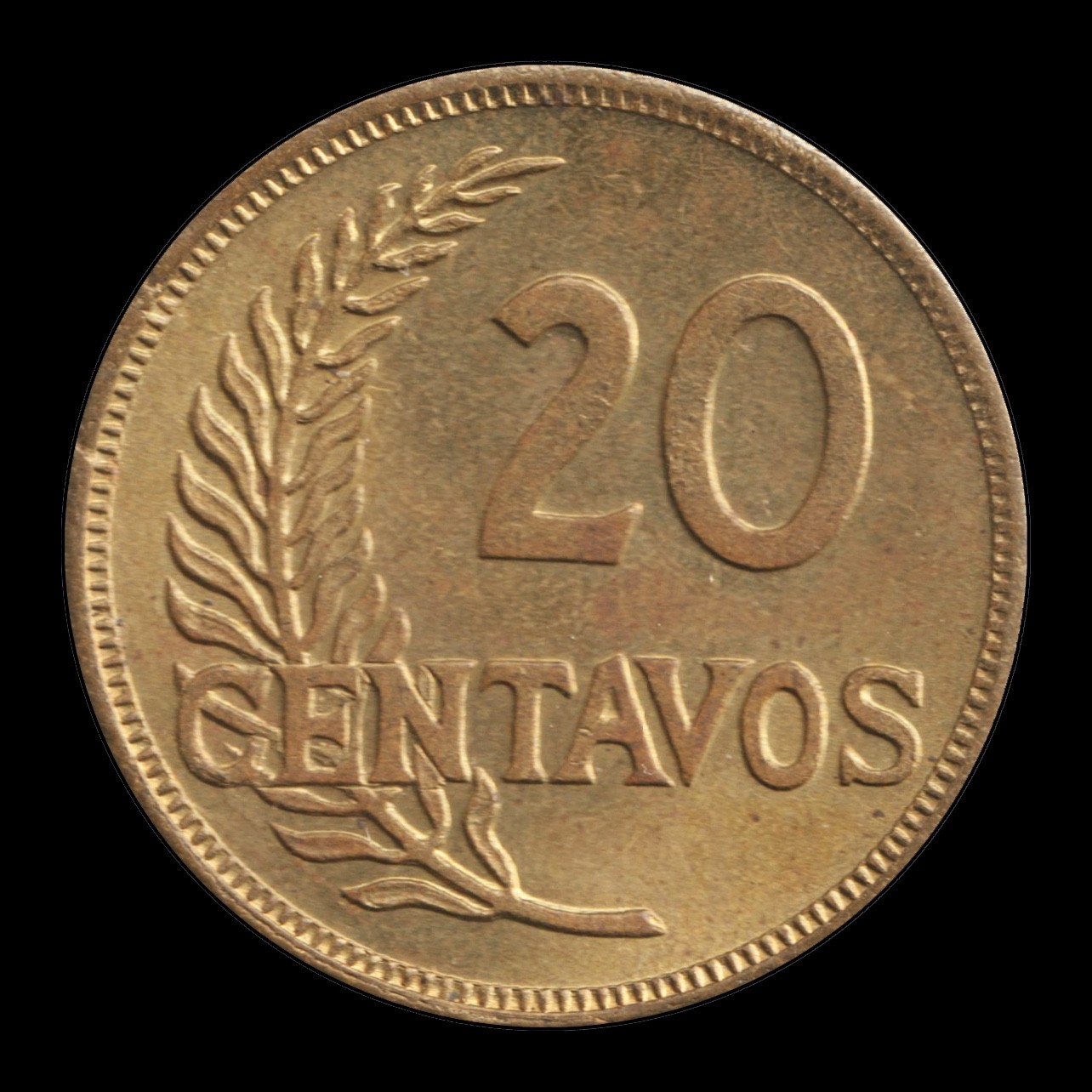 PERU 20 CENTAVOS 1942 BRILLIANT UNCIRCULATED — LOW MINTAGE — SCARCE WARTIME
