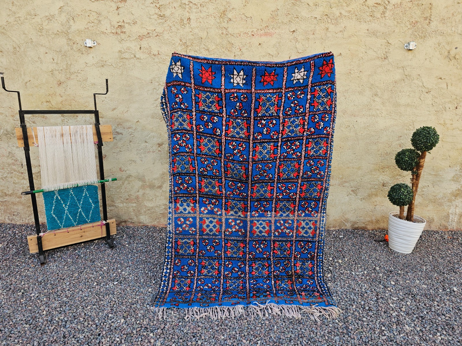 Vintage Moroccan Boujaad Rug 190x133cm Electric Blue Red Grid Berber Carpet