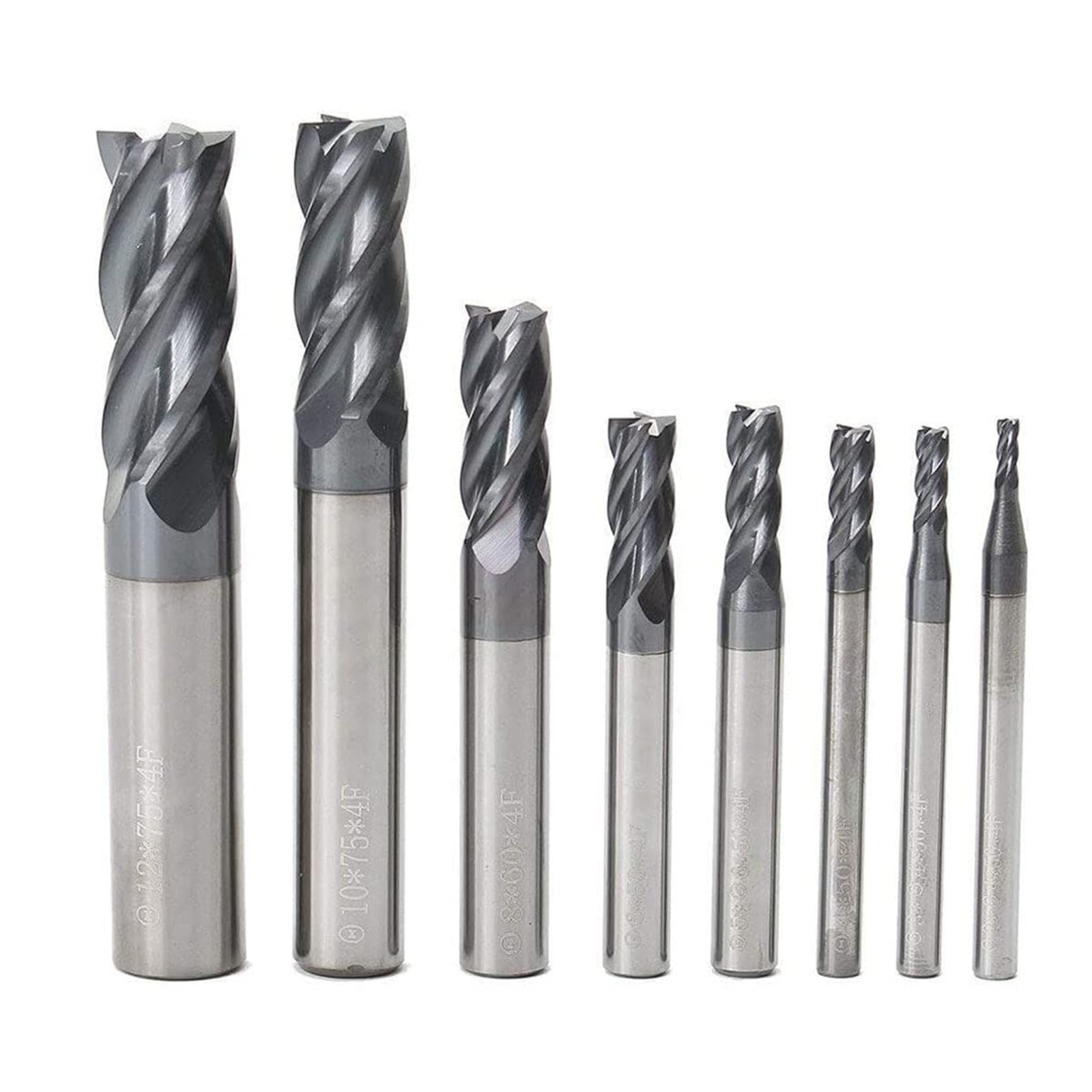 8pc 2-12mm 4-Flute Tungsten Carbide End Mill Set CNC Straight Shank 8pc 2-12mm 4-Flute Tungsten Carbide End Mill Set CNC Straight Shank