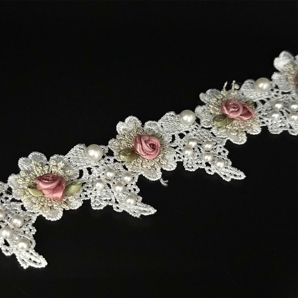 1 Yard Vintage White Pearl Beads Rose Flowers Embroidered Lace Edge Trim Fabric