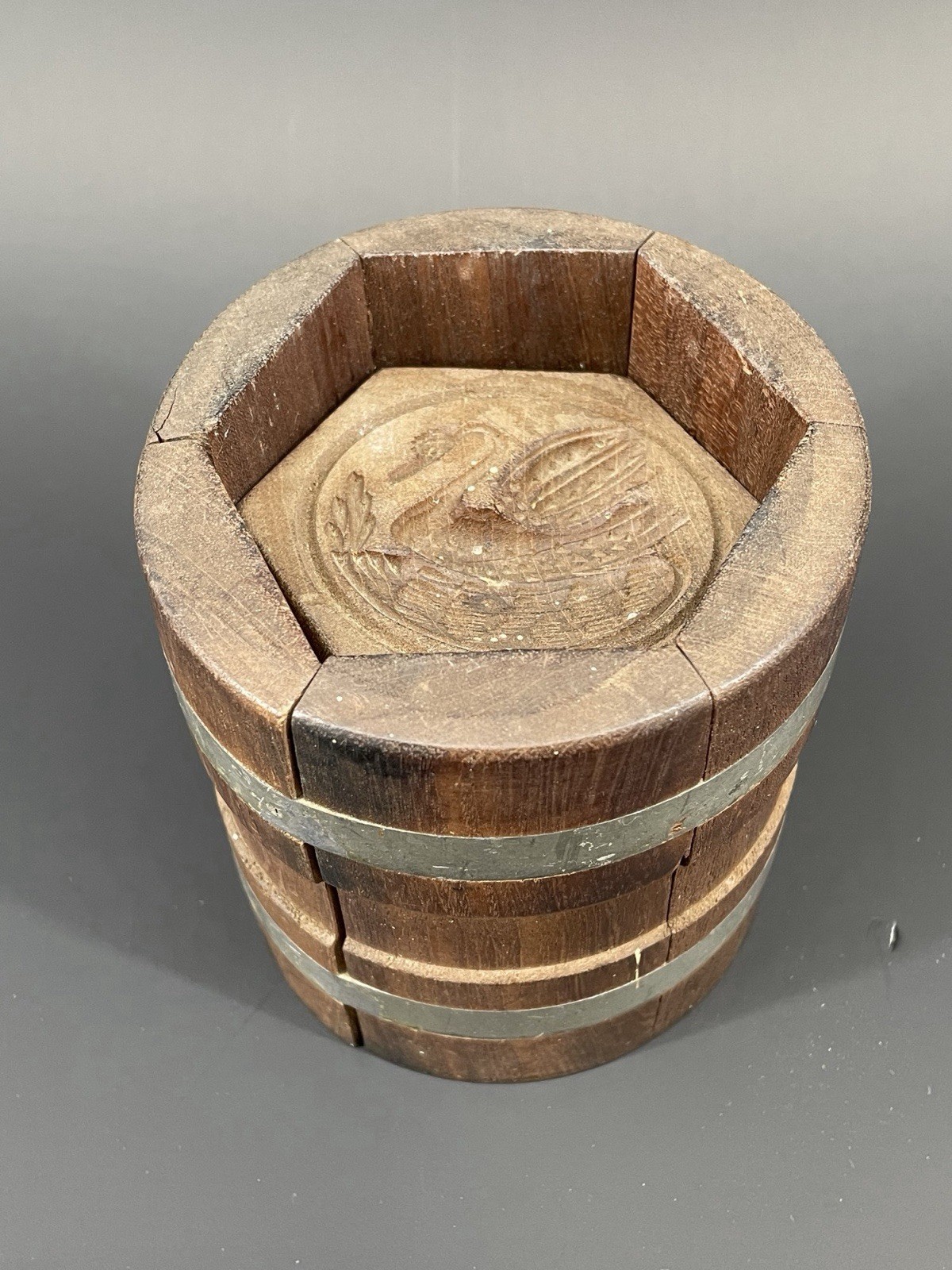 Antique Primitive Wood Butter Mold Case Barrel Hexagon Swan Shape Antique Primitive Wood Butter Mold Case Barrel Hexagon Swan Shape