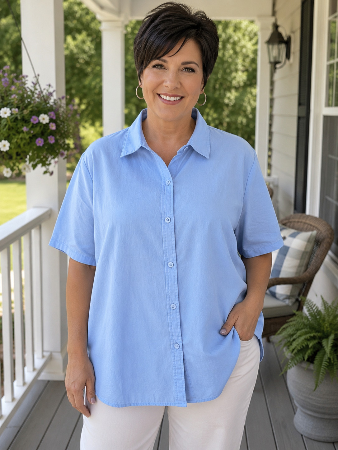 Woman Within blouse top Size L 18 20 short sleeve button up blue