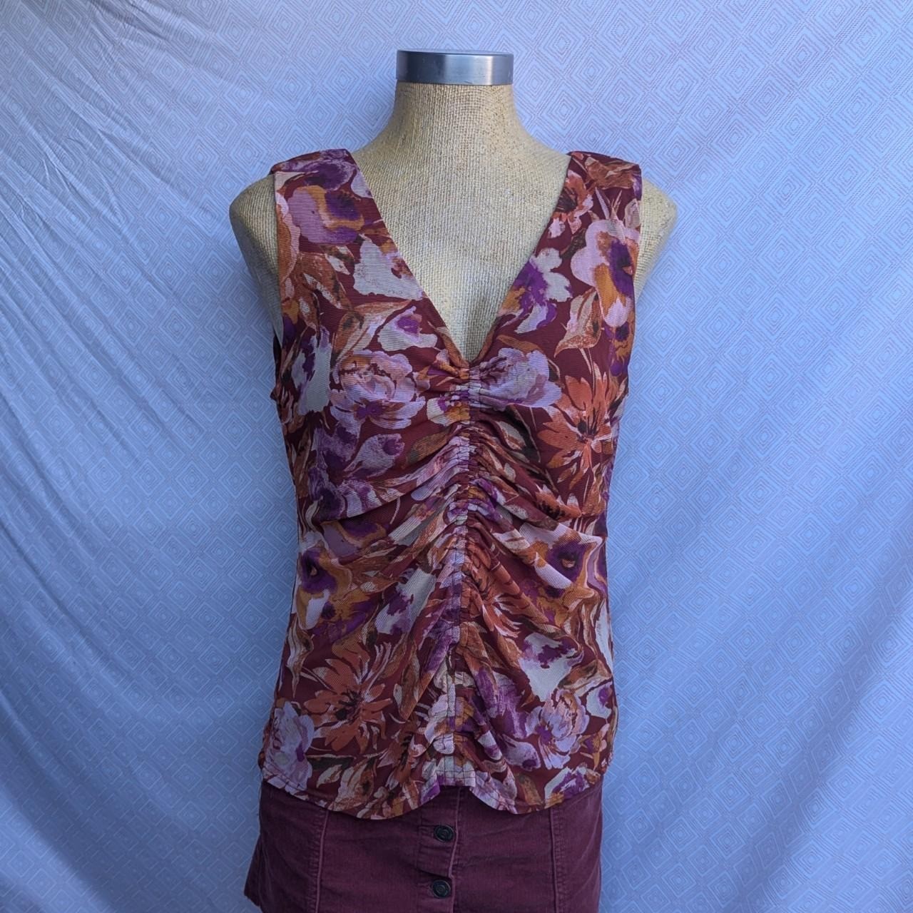 Jane + Delancey Tank Top Womens Burgundy Excellent Ruched Mesh Floral Y2K M