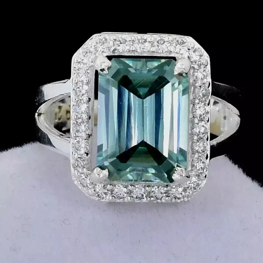 RARE 6.40 Ct Emerald Cut Treated Blue Diamond Ring 925 Silver With Certificate