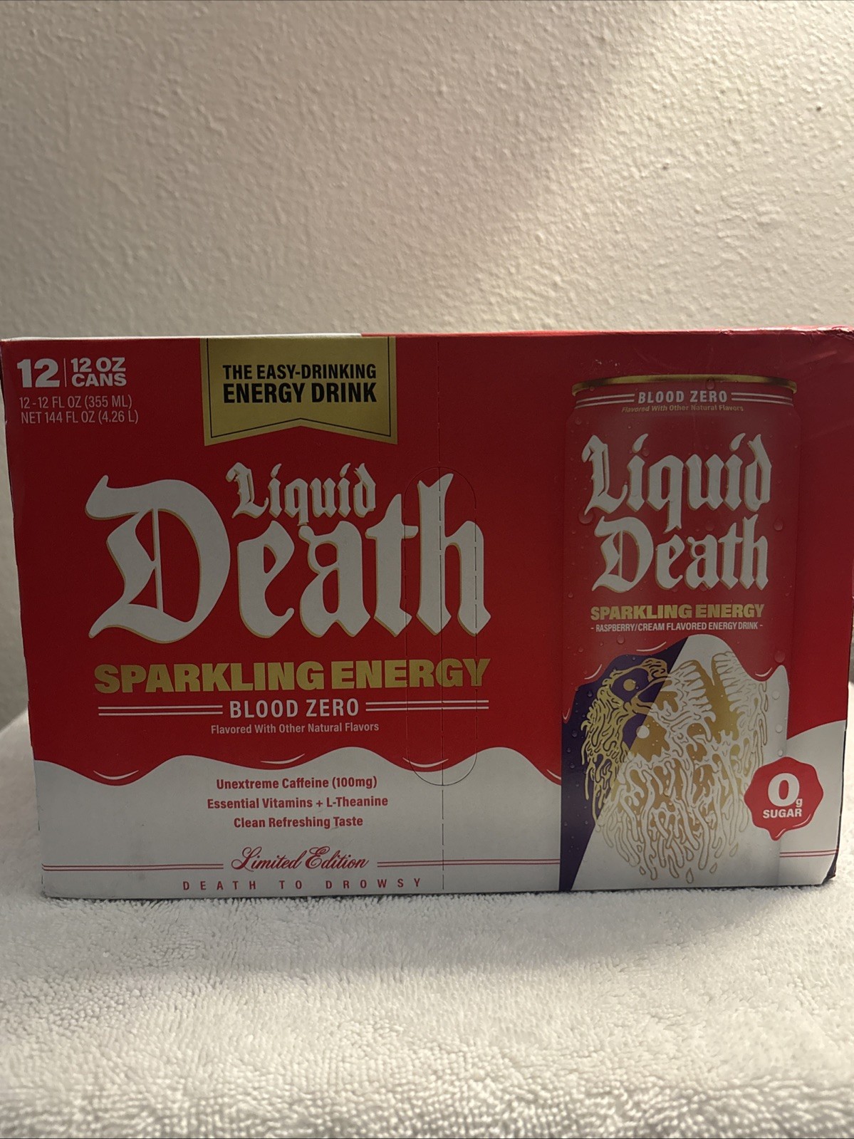 Liquid Death Blood Zero Sparkling Energy Raspberry Cream 12oz 12 Pack