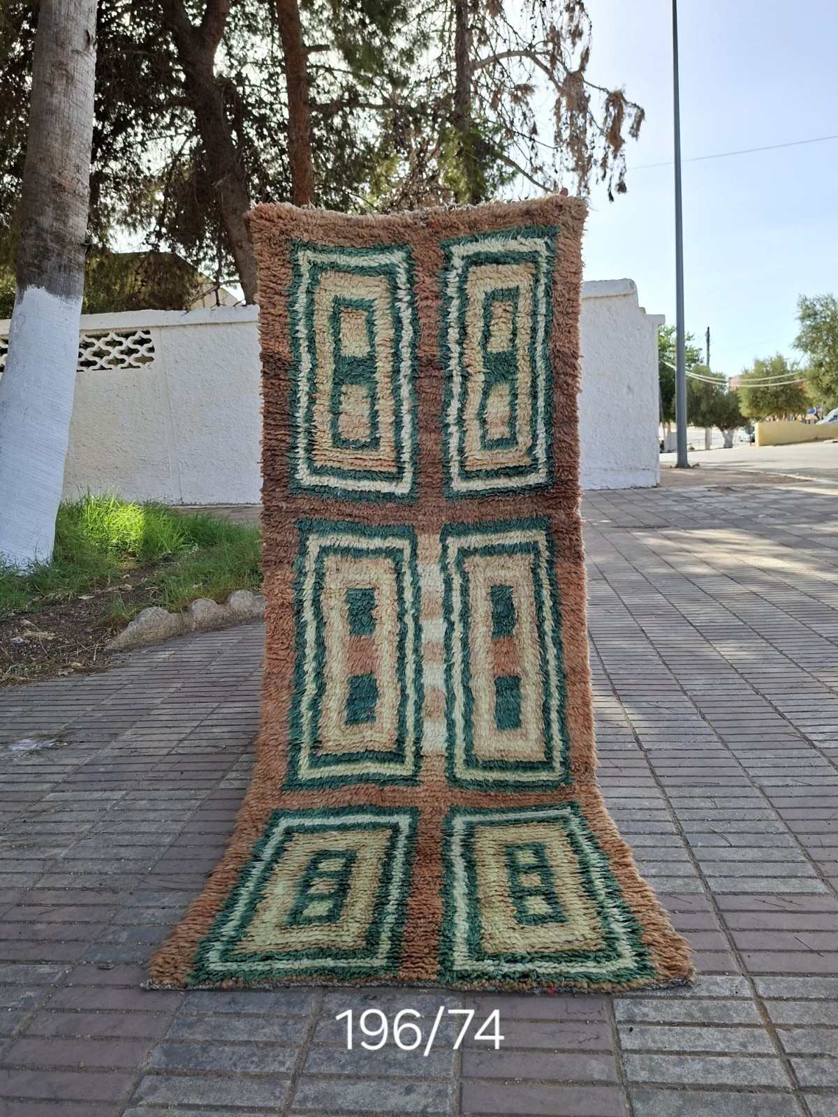 Moroccan Boujaad Wool Rug 196x74 cm Handmade Berber Boho Green Brown Moroccan Boujaad Wool Rug 196x74 cm Handmade Berber Boho Green Brown