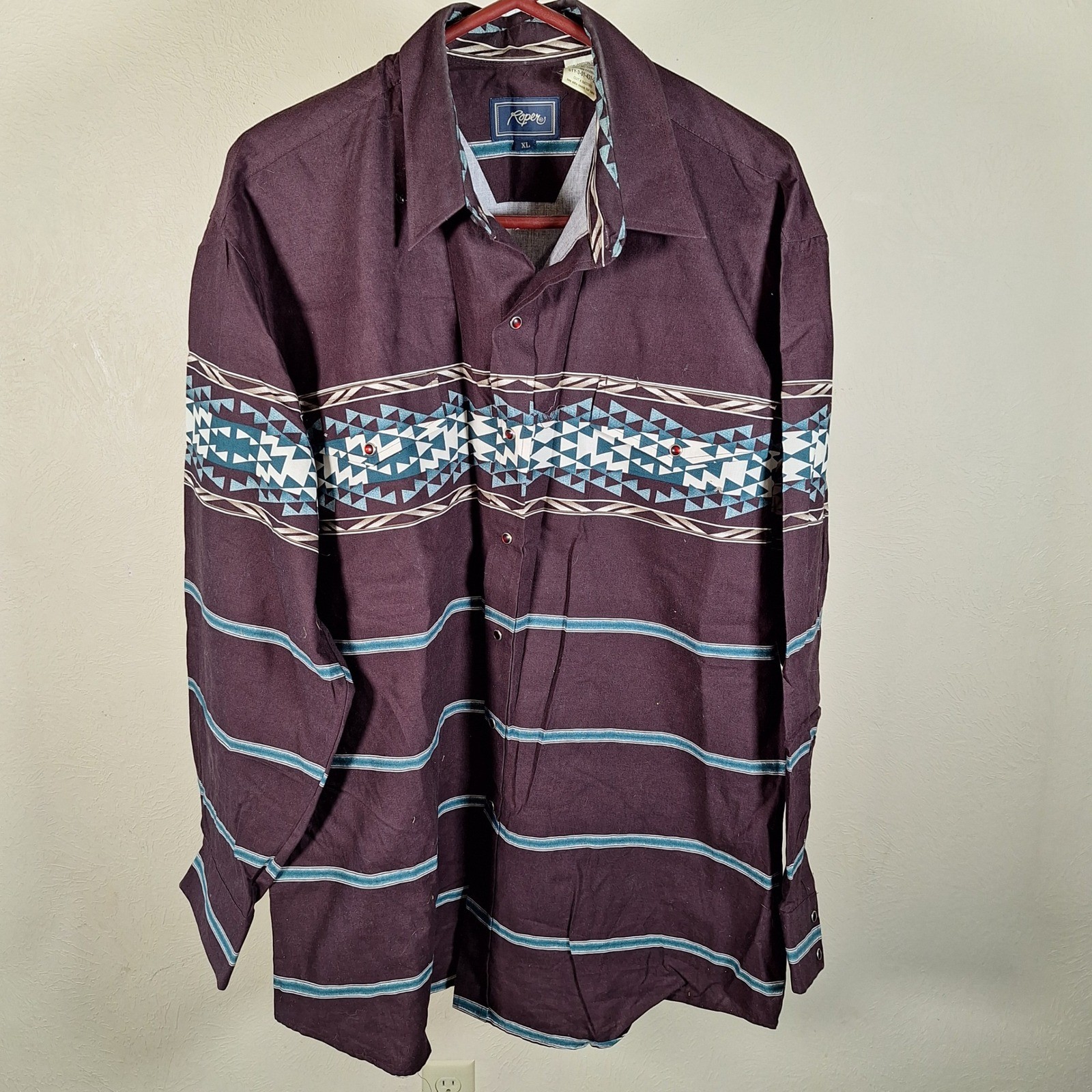 Roper Vintage Southwestern Aztec Pearl Snap Long Sleeve Plum Purple Shirt XL Roper Vintage Southwestern Aztec Pearl Snap Long Sleeve Plum Purple Shirt XL