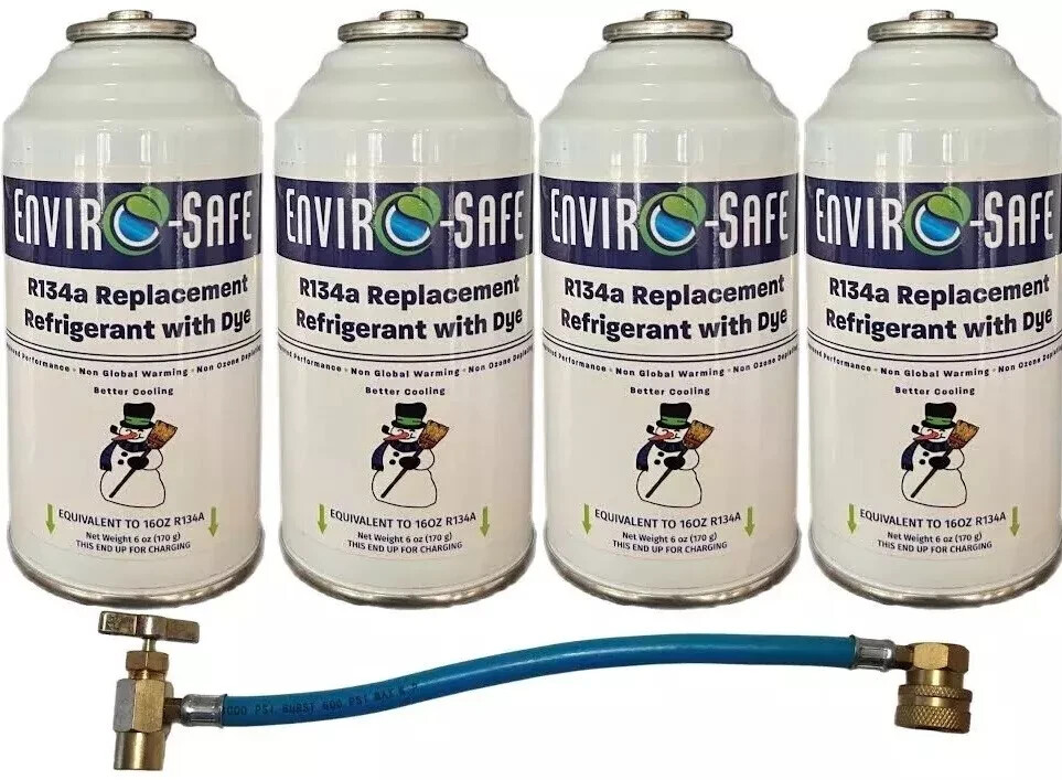 R 134a Refrigerant Replacement w/ UV Dye + Simple R134a Charging Hose (4 Pack)