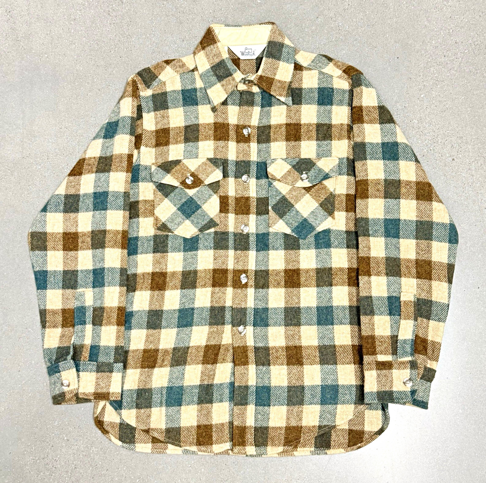 70s Vintage Woolrich Button Up Green Tan Brown Plaid USA Made Flannel M