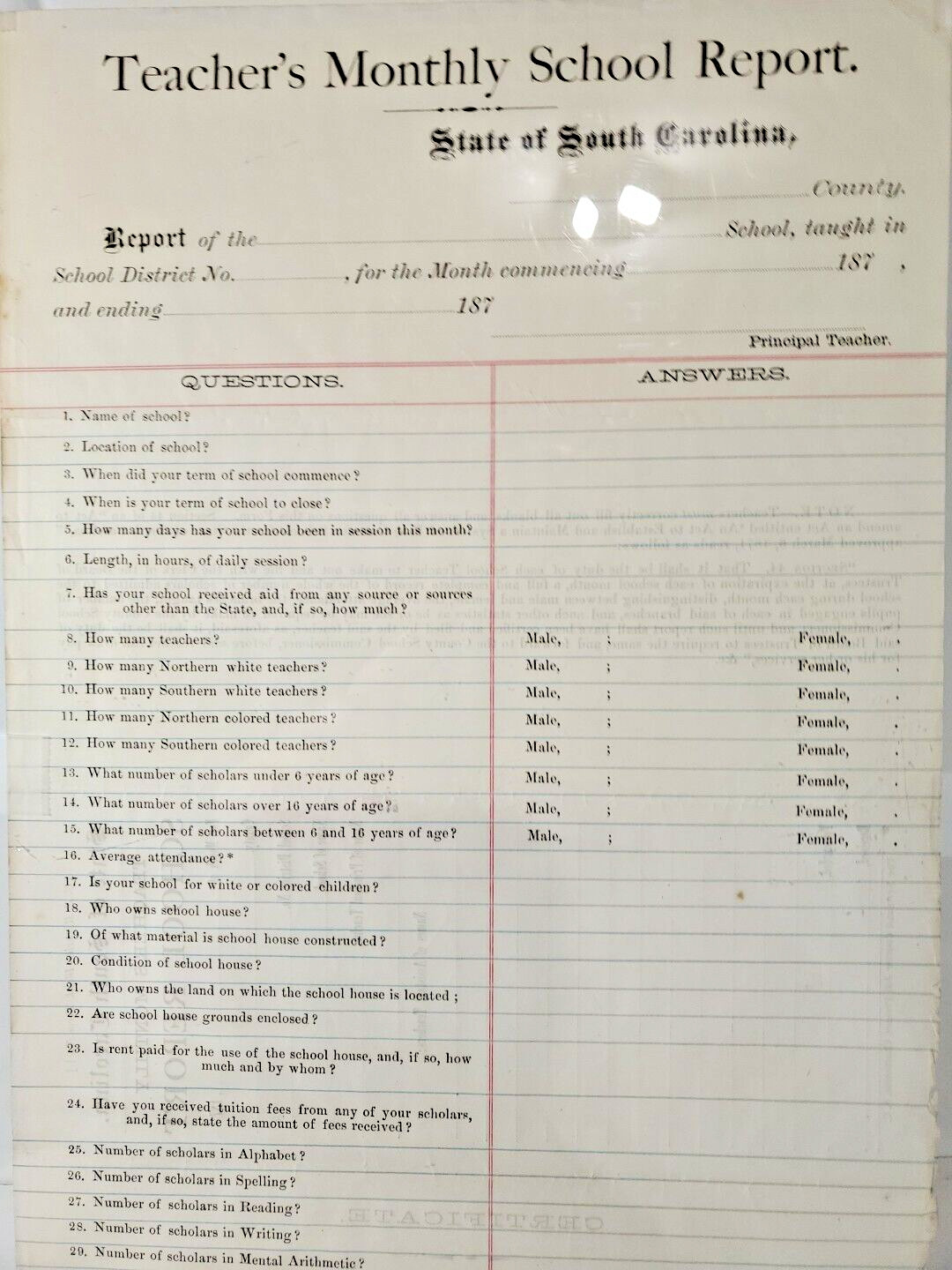 Rare 1870's Teachers Monthly School Report State of South Carolina 8 1/2 x 14