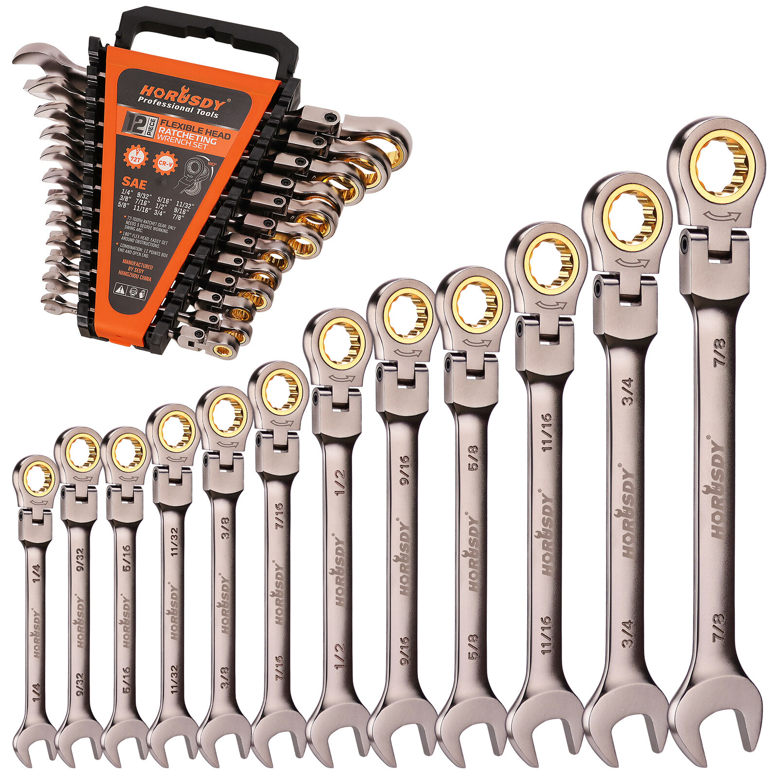 12PC Flex-Head Ratcheting Wrench Set Set w/ Organizer Metric/SAE 8-9mm 1/4”-7/8“