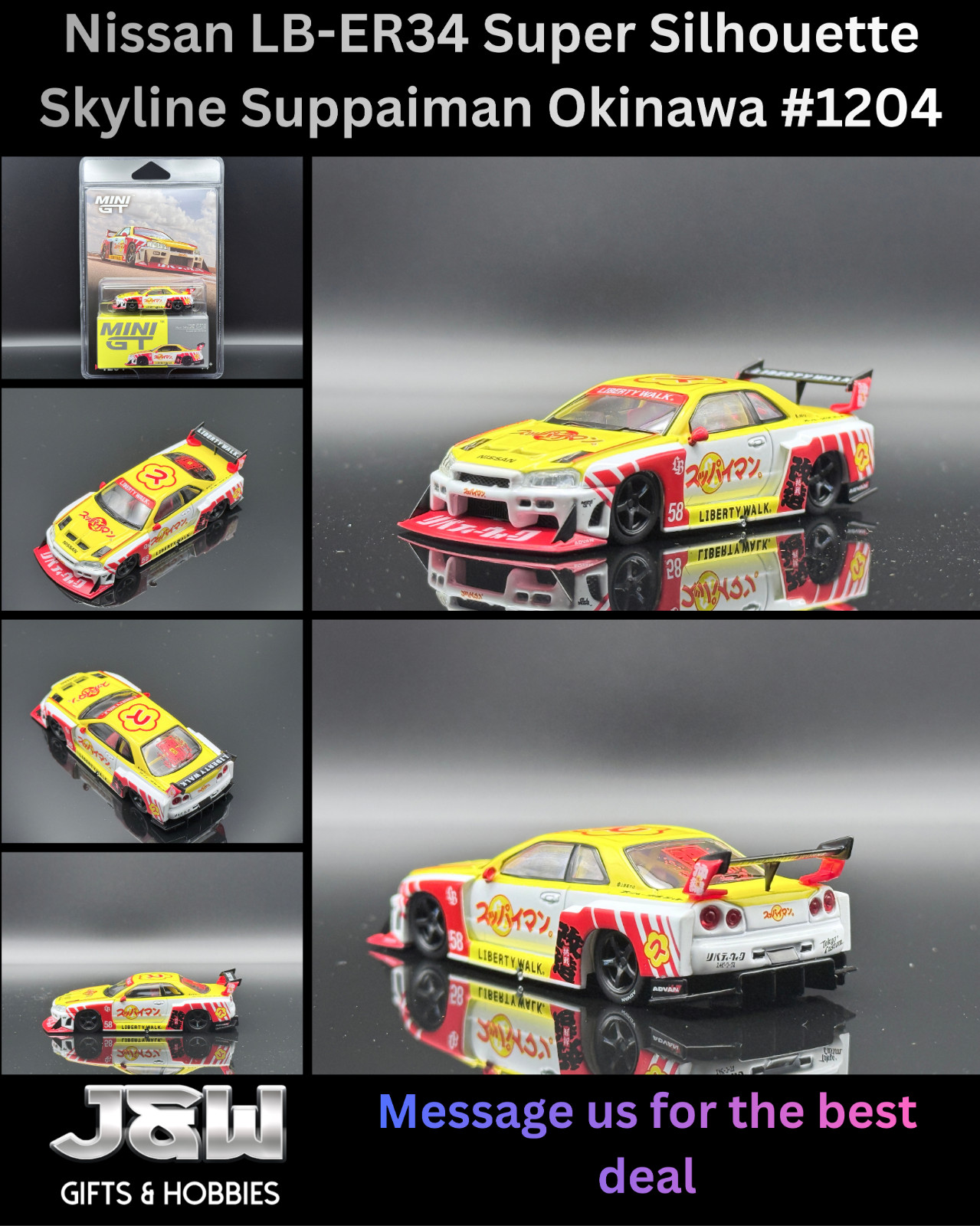 Mini GT JDM Nissan LB-ER34 Super Silhouette Skyline Suppaiman Okinawa #1204 1/64