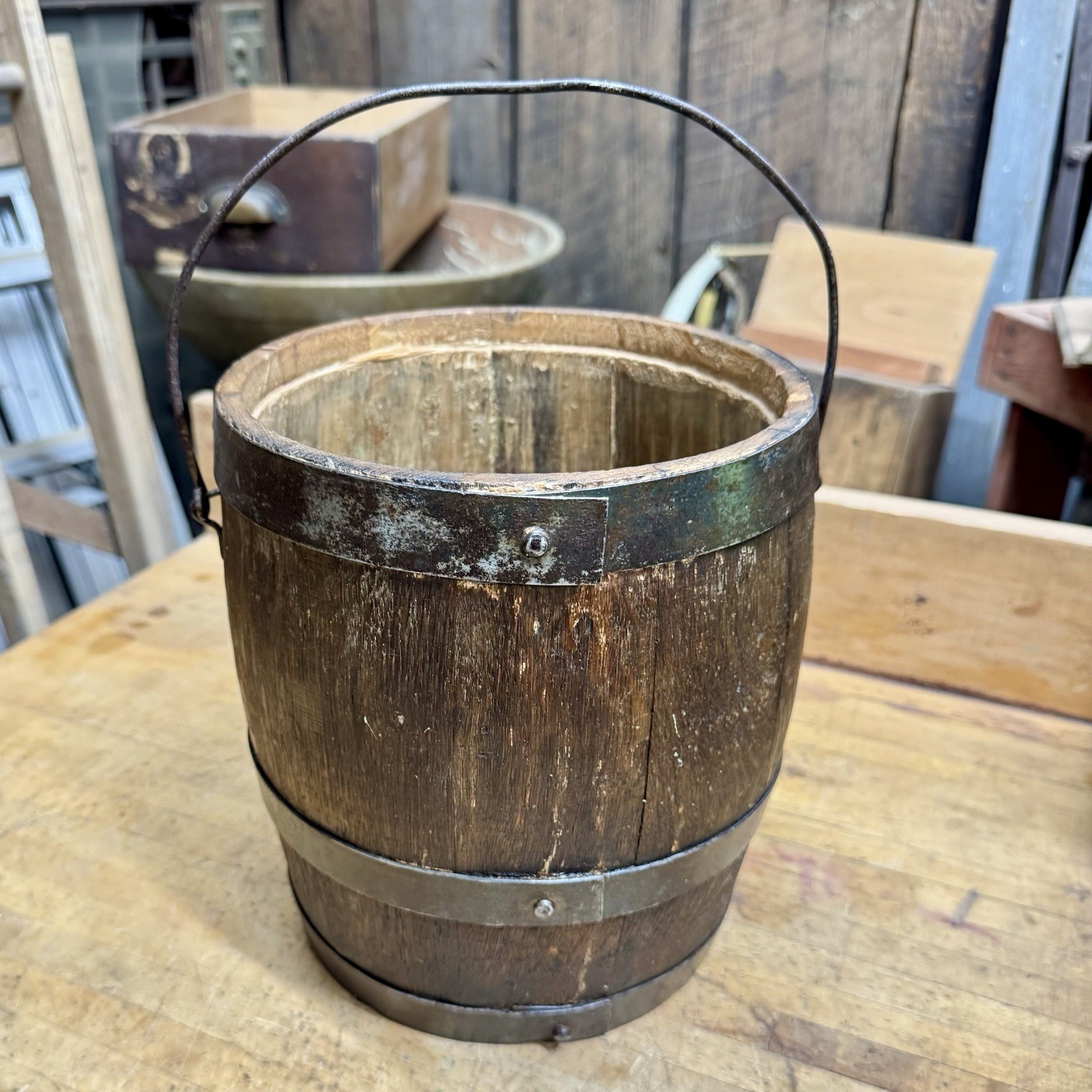 Rare Vintage Antique Wooden Wood Paint Pail Barrel Bucket Oak Primitive Rare Vintage Antique Wooden Wood Paint Pail Barrel Bucket Oak Primitive