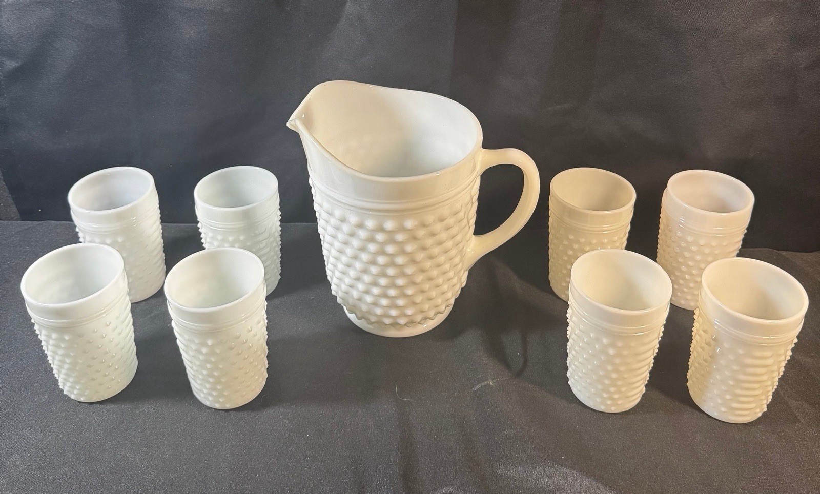 VTG Hobnail Milk Glass Pitcher and 9 Glasses Anchor Hocking MCM