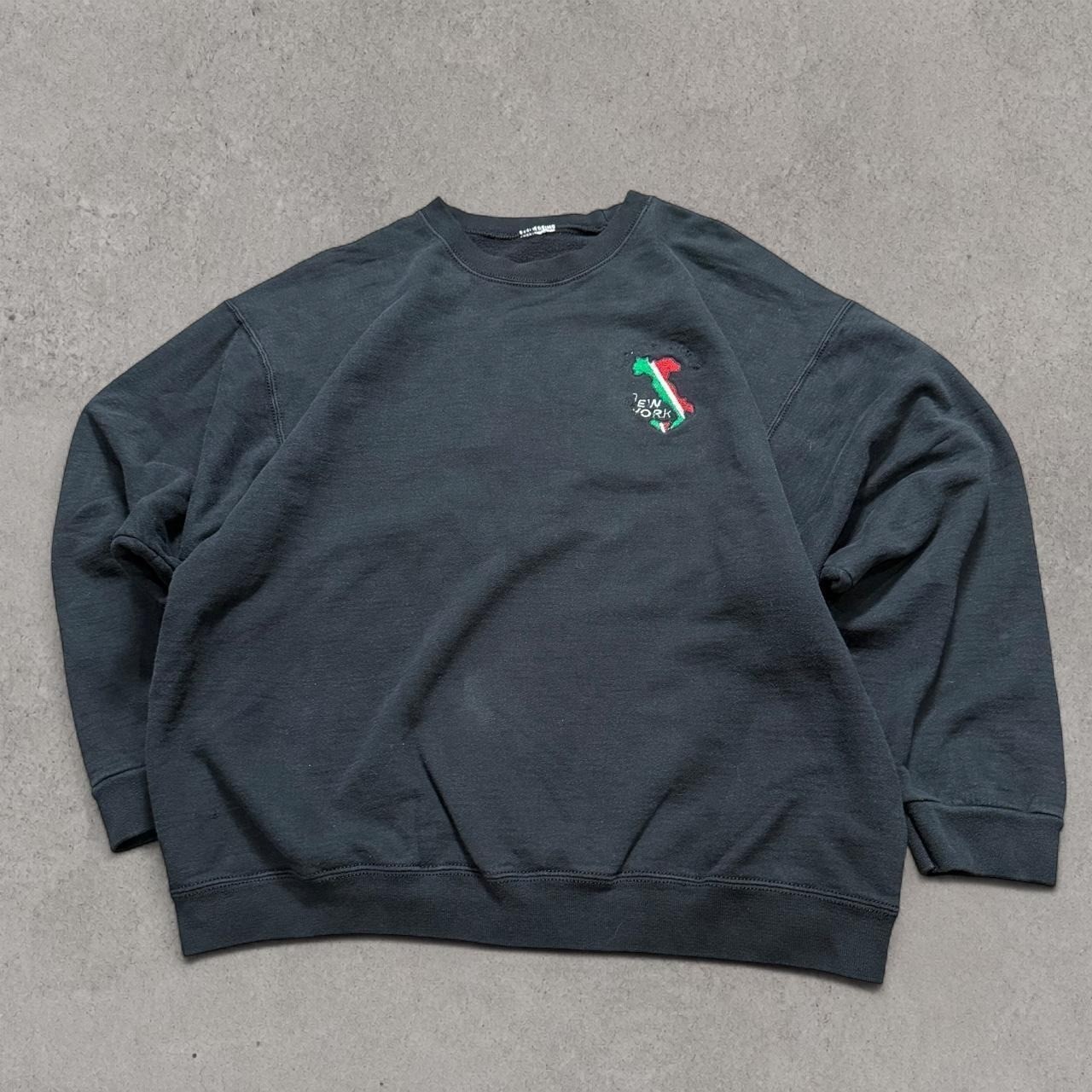 Vintage Italian New York Embroidered Crewneck Sweatshirt Faded Black Y2K Mens XL Vintage Italian New York Embroidered Crewneck Sweatshirt Faded Black Y2K Mens XL