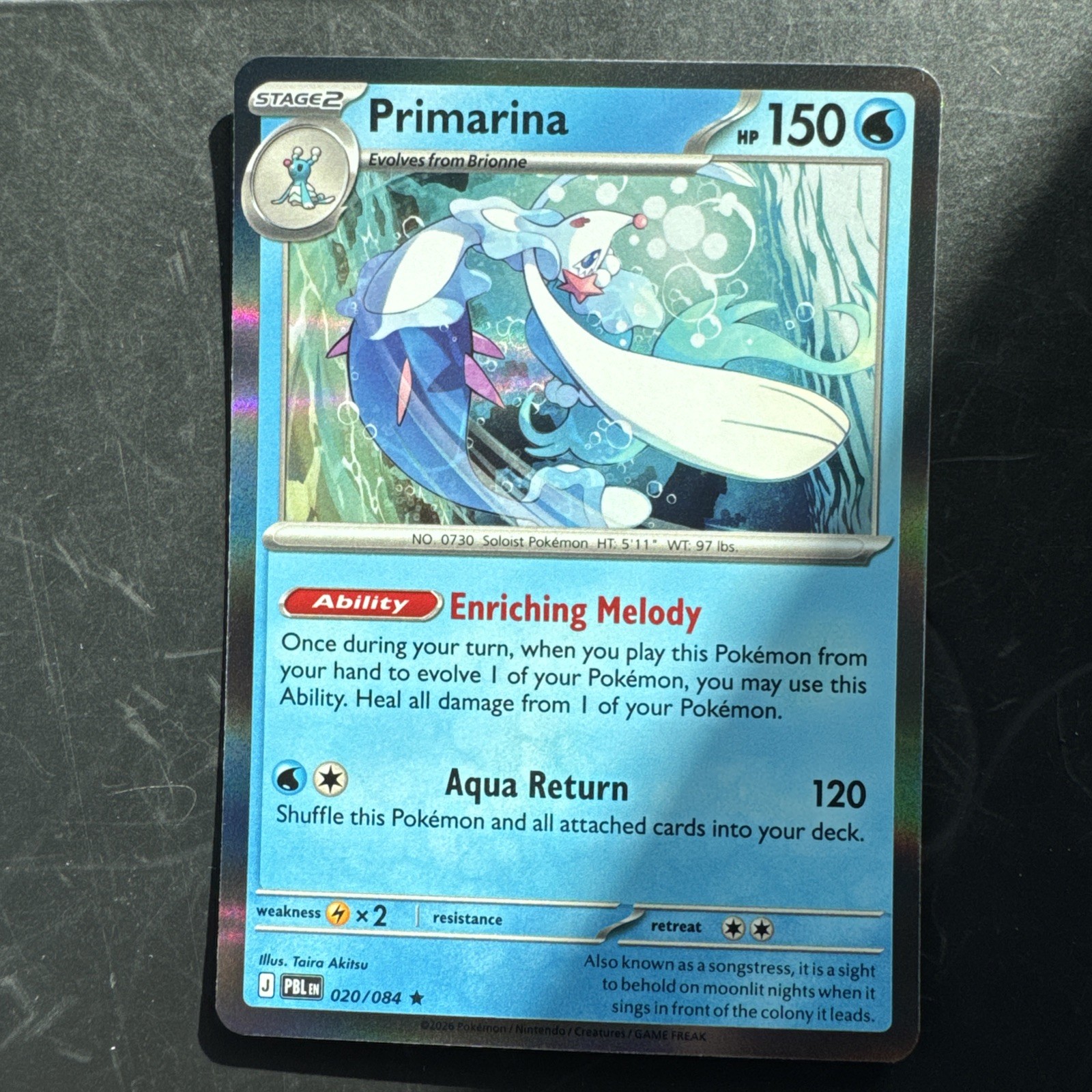 Nintendo Pokemon TCG Primarina 150 HP Stage 2 Holo Rare PBL 020/084 ENG Nintendo Pokemon TCG Primarina 150 HP Stage 2 Holo Rare PBL 020/084 ENG