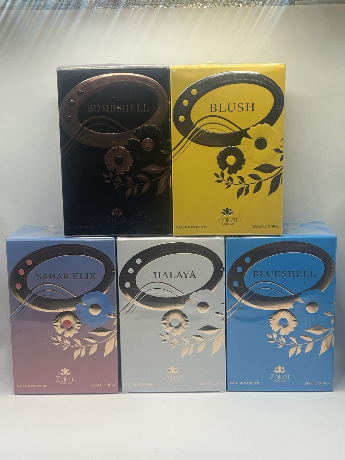 Zakat Parfums 5pc 100ml EDP Bundle: Bombshell Blush Sahar Elix Halaya Blueshell.