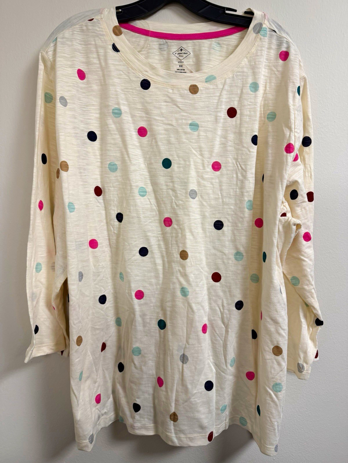 NWT St. John\'s Bay Womens 3X Plus Polka Dot 3/4 Sleeve Crew Neck Knit Tee Top NWT St. John\'s Bay Womens 3X Plus Polka Dot 3/4 Sleeve Crew Neck Knit Tee Top