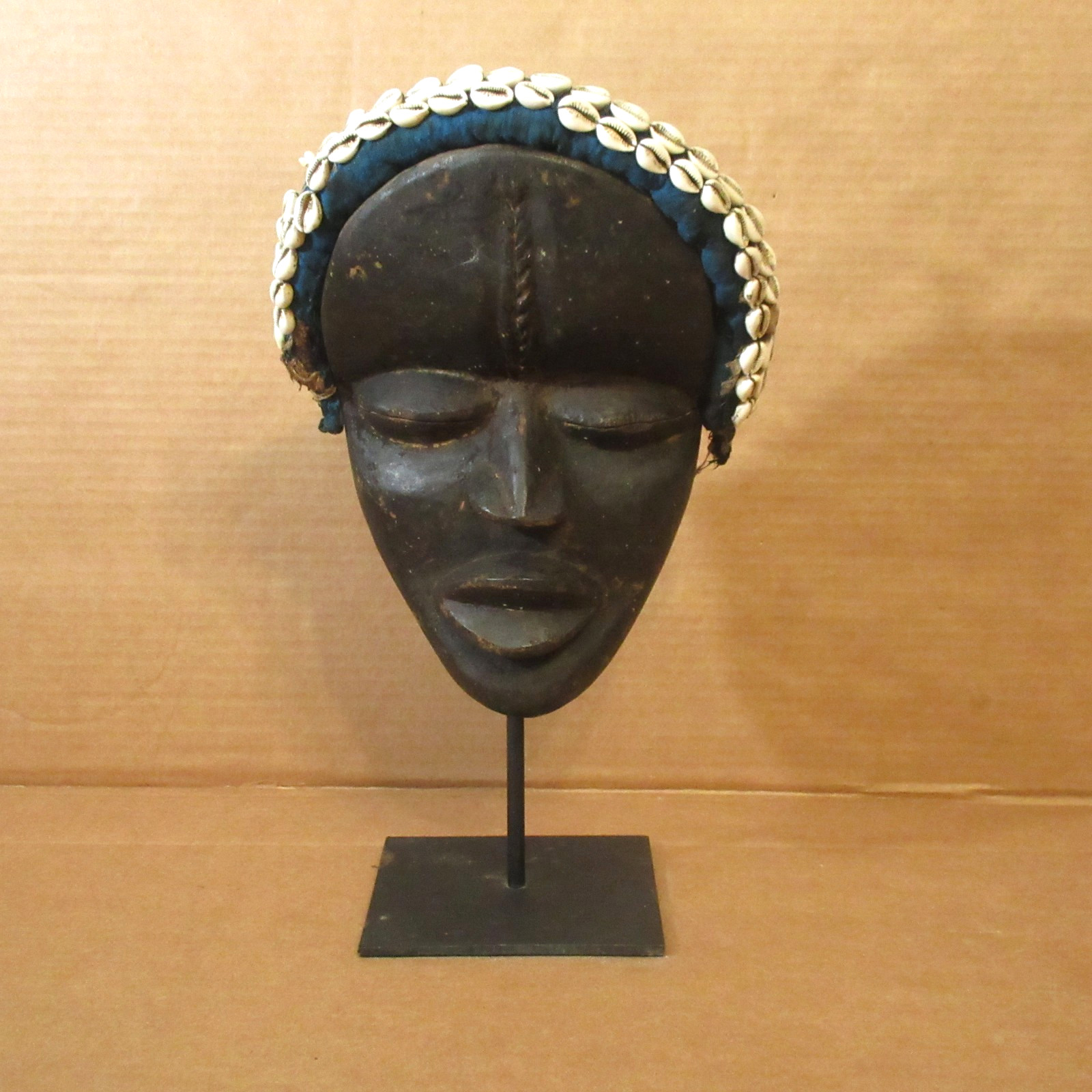 Antique Vtg Carved Wood African Dan Tribal Mask Cowrie Shell Ivory Coast w/Stand Antique Vtg Carved Wood African Dan Tribal Mask Cowrie Shell Ivory Coast w/Stand