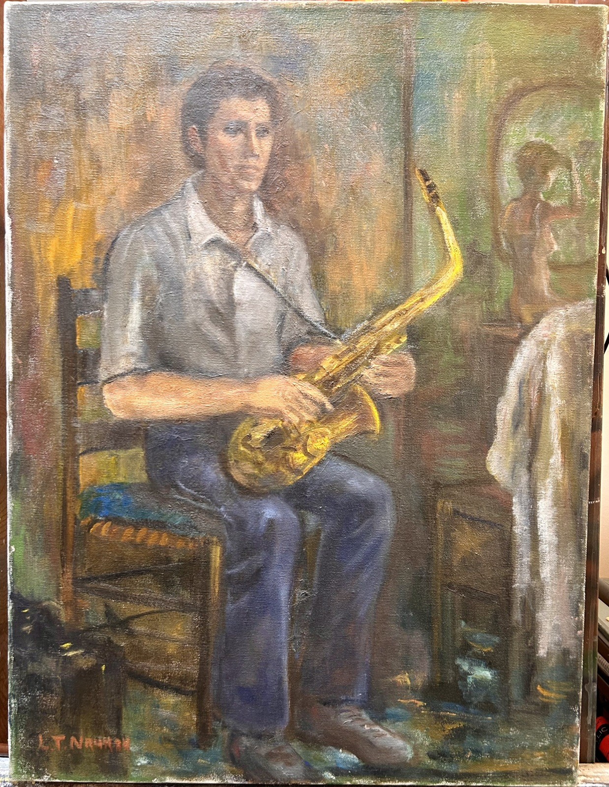 Vintage Original Oil Painting Sax Player Jazz Musician Portrait 18x24 Signed