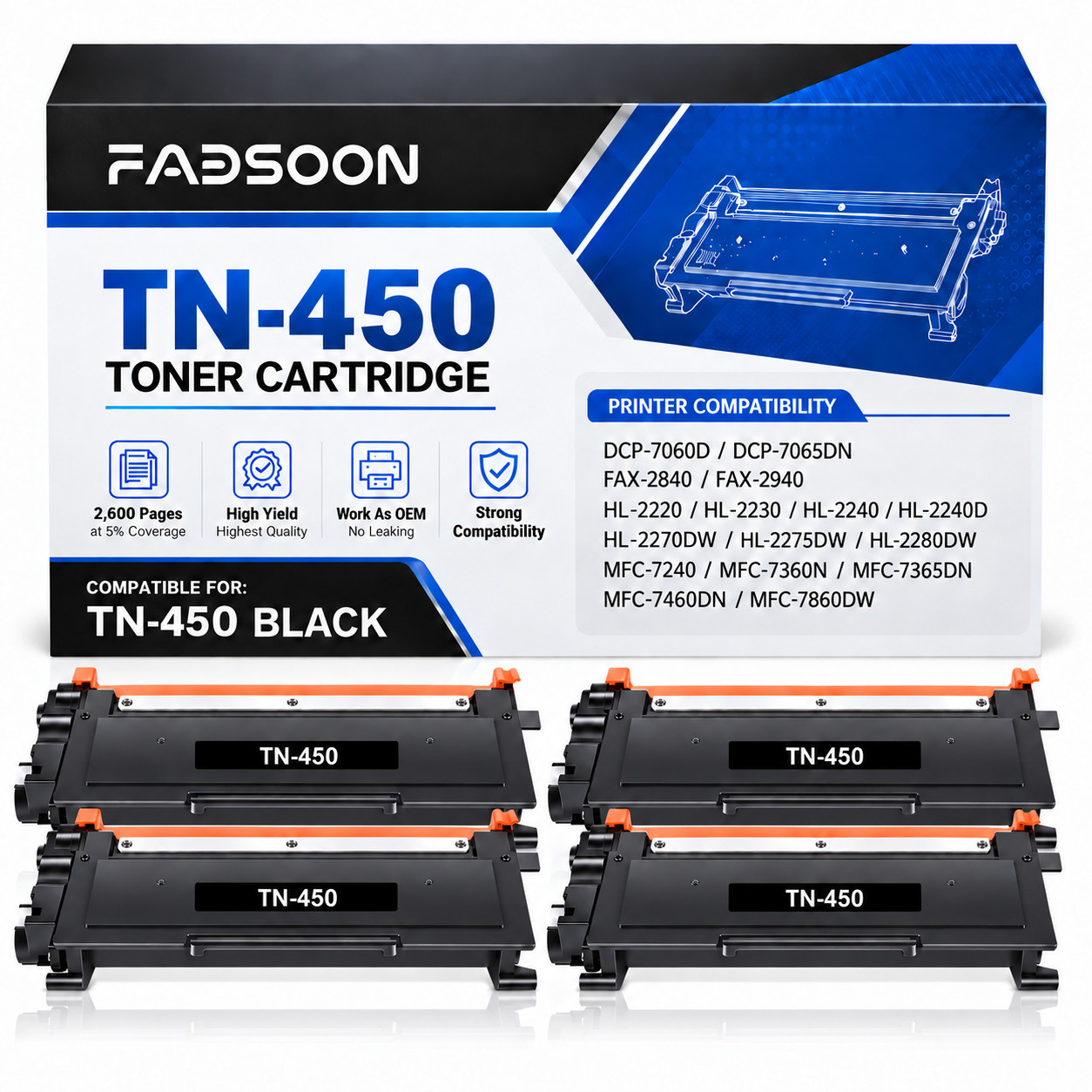 TN450 BK 4PK High Yield Laser Toner Cartridge Replacement for HL-2240 MFC-7860DW