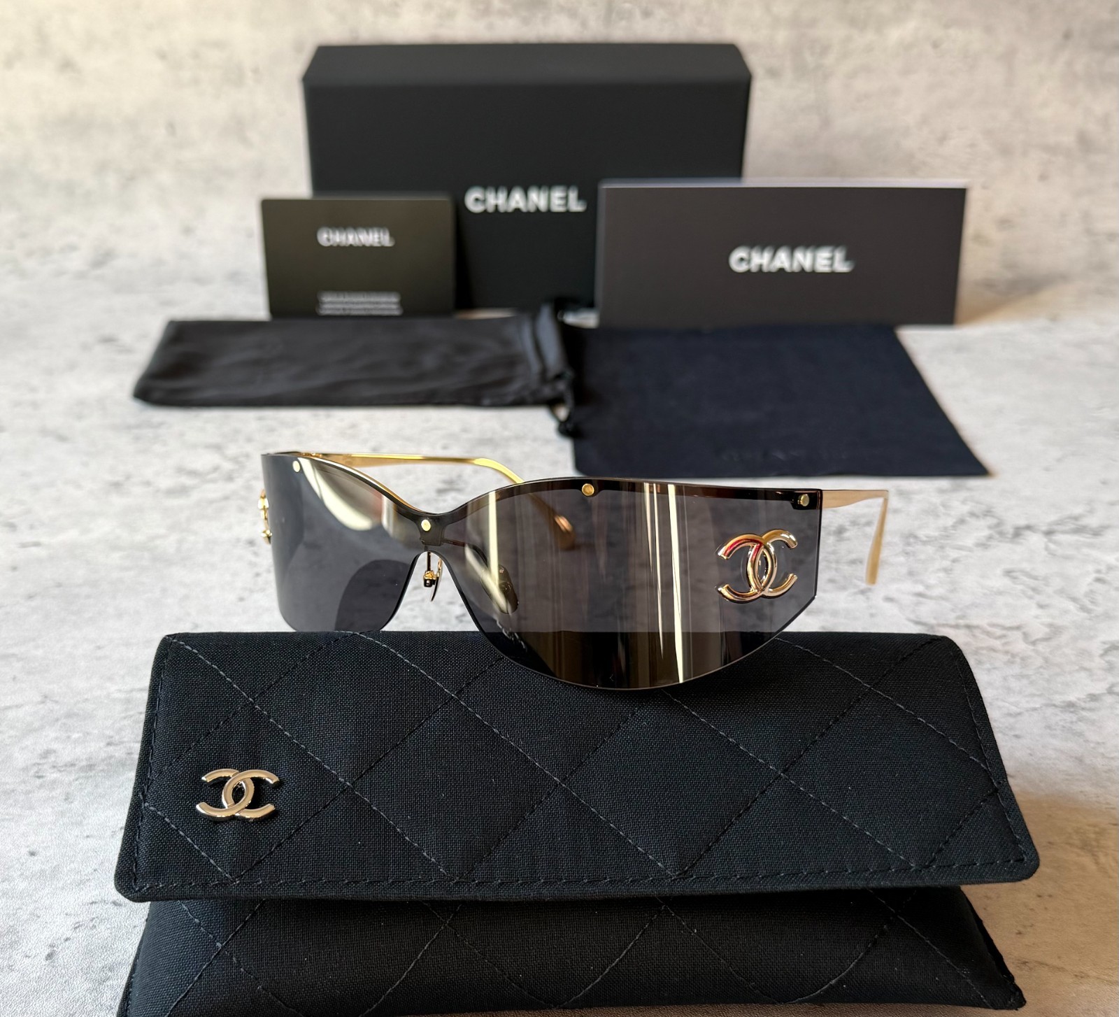 CHANEL SUNGLASSES BLACK SHIELD CH71787 CH9582 GOLD FRAME 100% AUTHENTIC ITALY