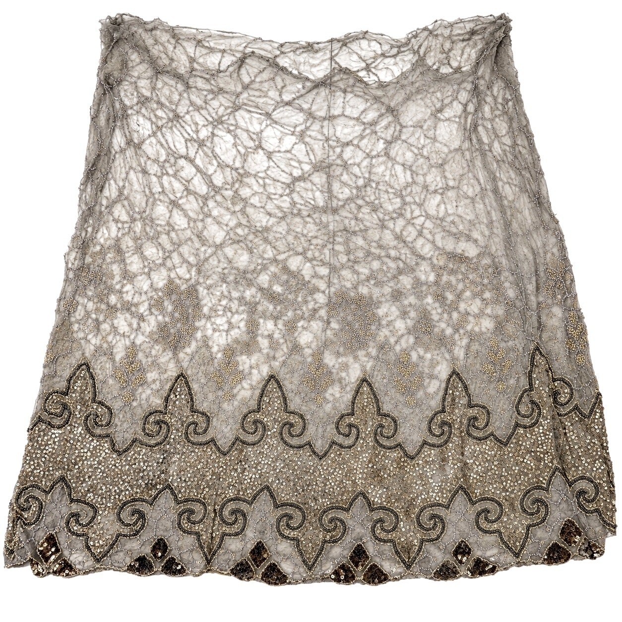 Antique 1910s 1920s Beaded Silk Chiffon Skirt Panel Gold Sequins Fleur de Lis