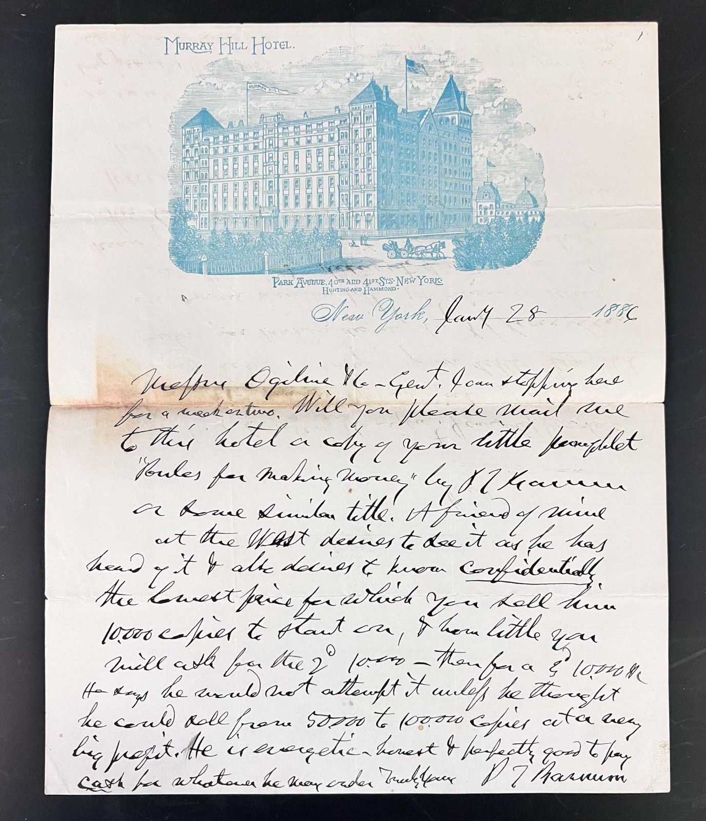 Phineas Taylor PT Barnum Handwritten autographed letter 1886 to JS Ogilvie