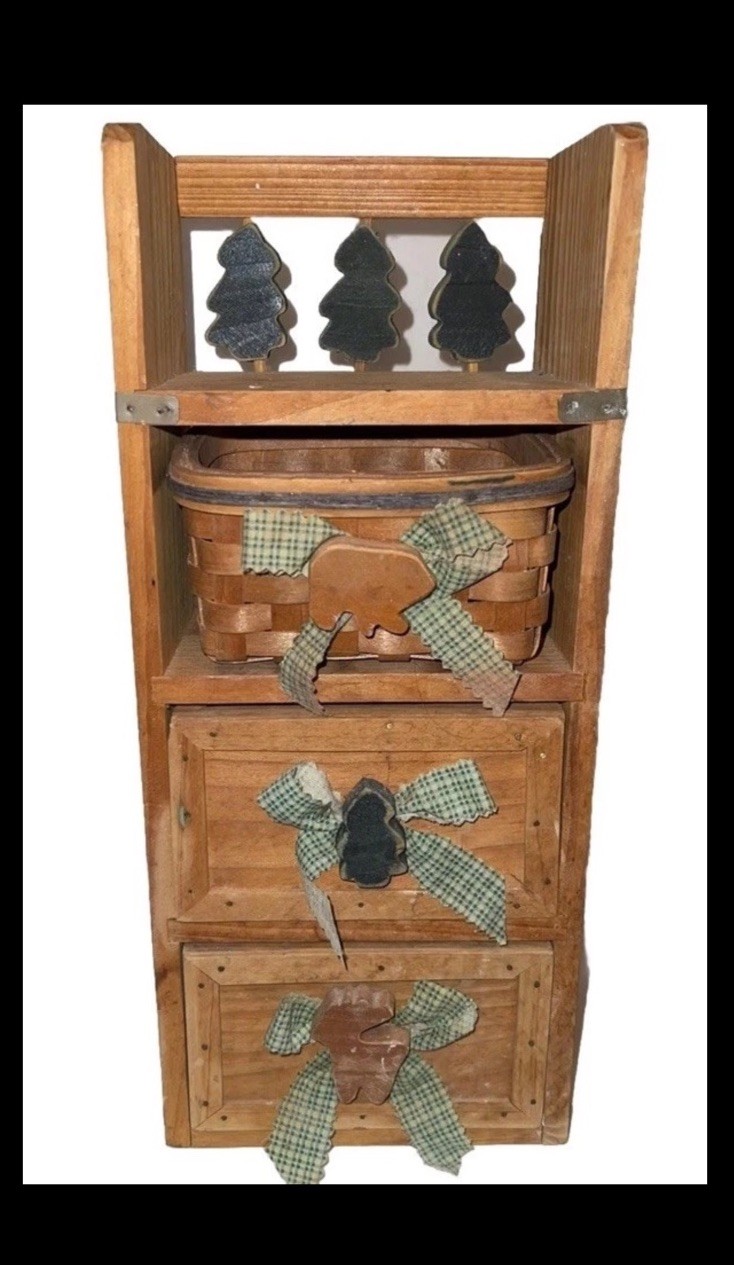 Fun Vintage Rustic Primitive Wood Hanging Wall Shelf Drawers & Basket 14“ Fun Vintage Rustic Primitive Wood Hanging Wall Shelf Drawers & Basket 14“