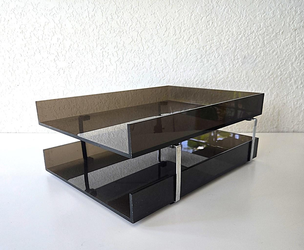 Vintage MCM Smoked Lucite 2 Tier Letter Tray Chrome Desk Organizer Modernist