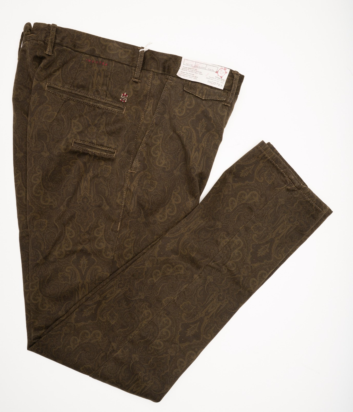 INCOTEX Paisley Olive Green Dress Pants Cotton Slim Fit Flat Front Slacks 35