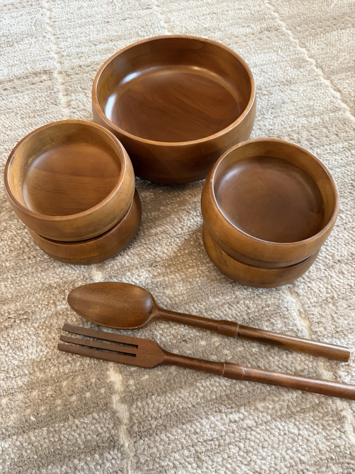 Vintage Hellerware 7 Pc Deluxe Salad Set Walnut Finish MCM (original box avail)