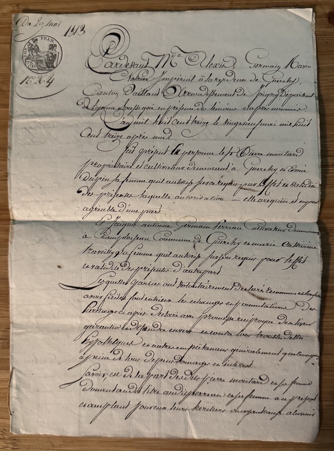 1829 French Notarial Manuscript Ornate Calligraphy 75c Revenue Stamp