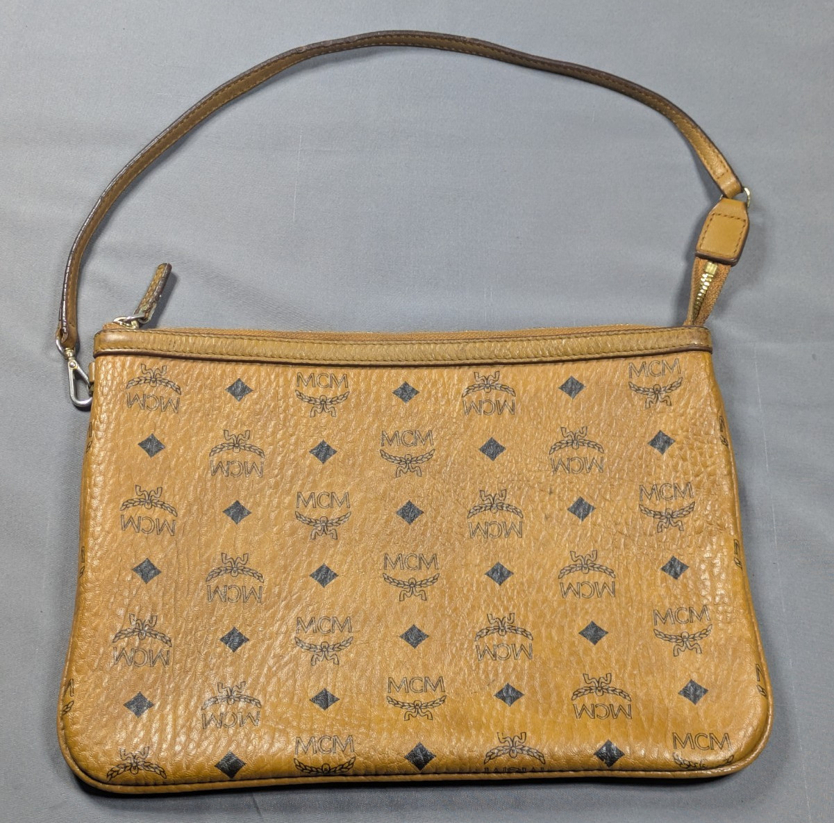 MCM Monogram Visetos Cognac Pouch Authentic Leather Clutch 11352002 11x8inch