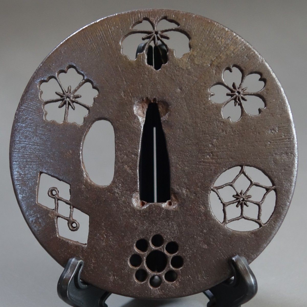 Antique Japanese Iron Tsuba Edo Period Sukashi Tsuba Box Sword Guard
