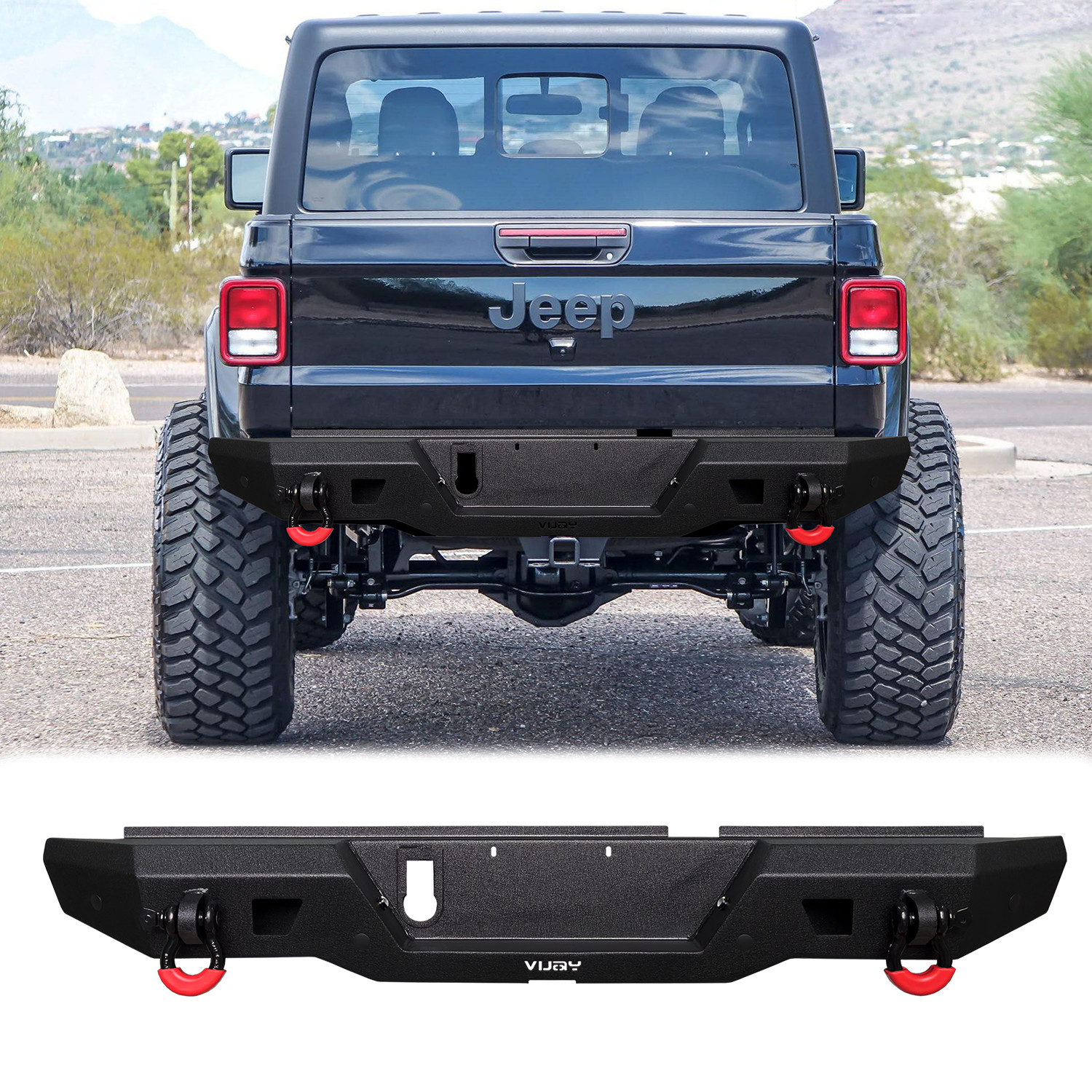 Vijay For 2020-2025 Jeep Gladiator JT Steel Rear Bumper With LED Light&D-rings