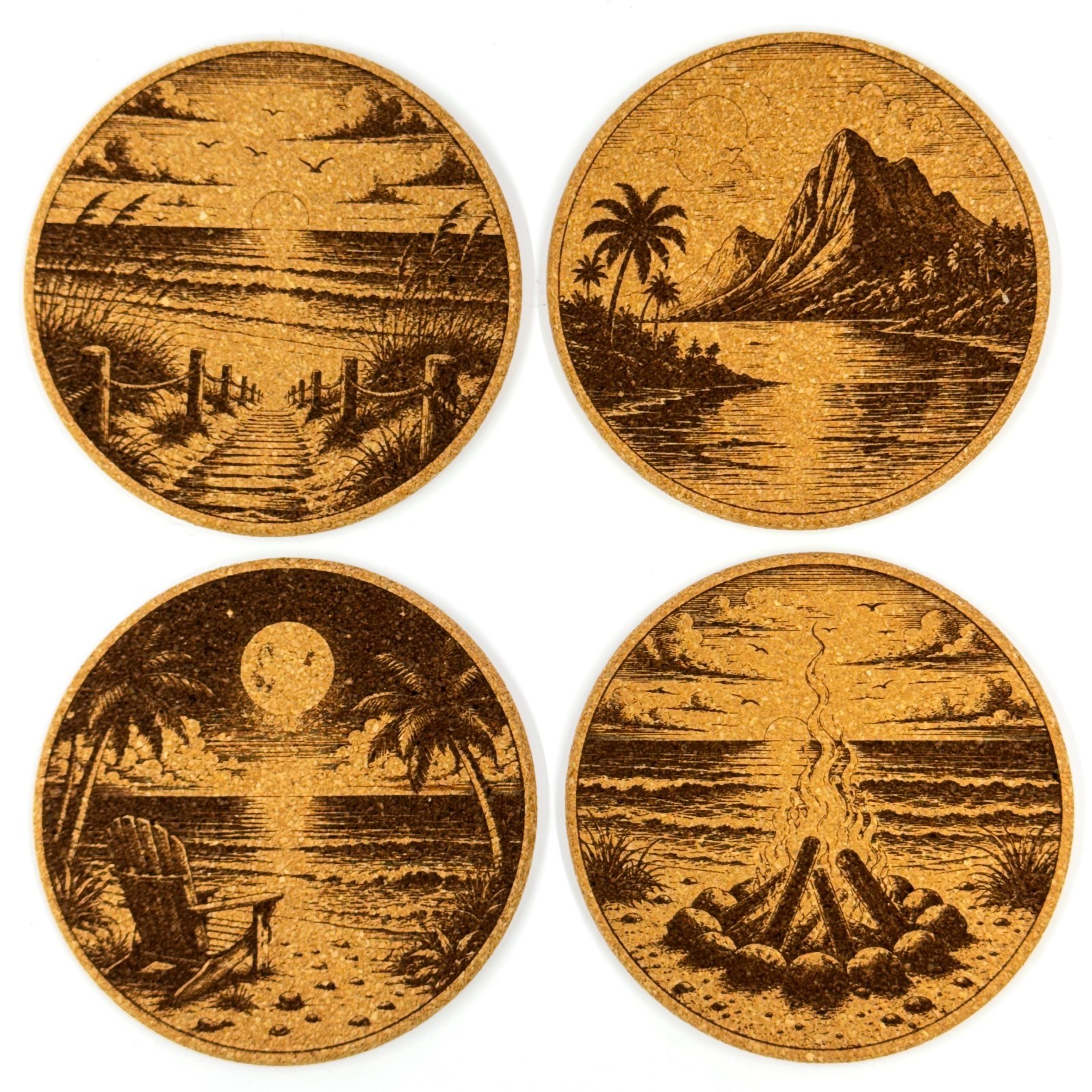 Tropical Beach Scenes Round Cork Coaster Set of 4 – Laser Engraved Coastal Drink