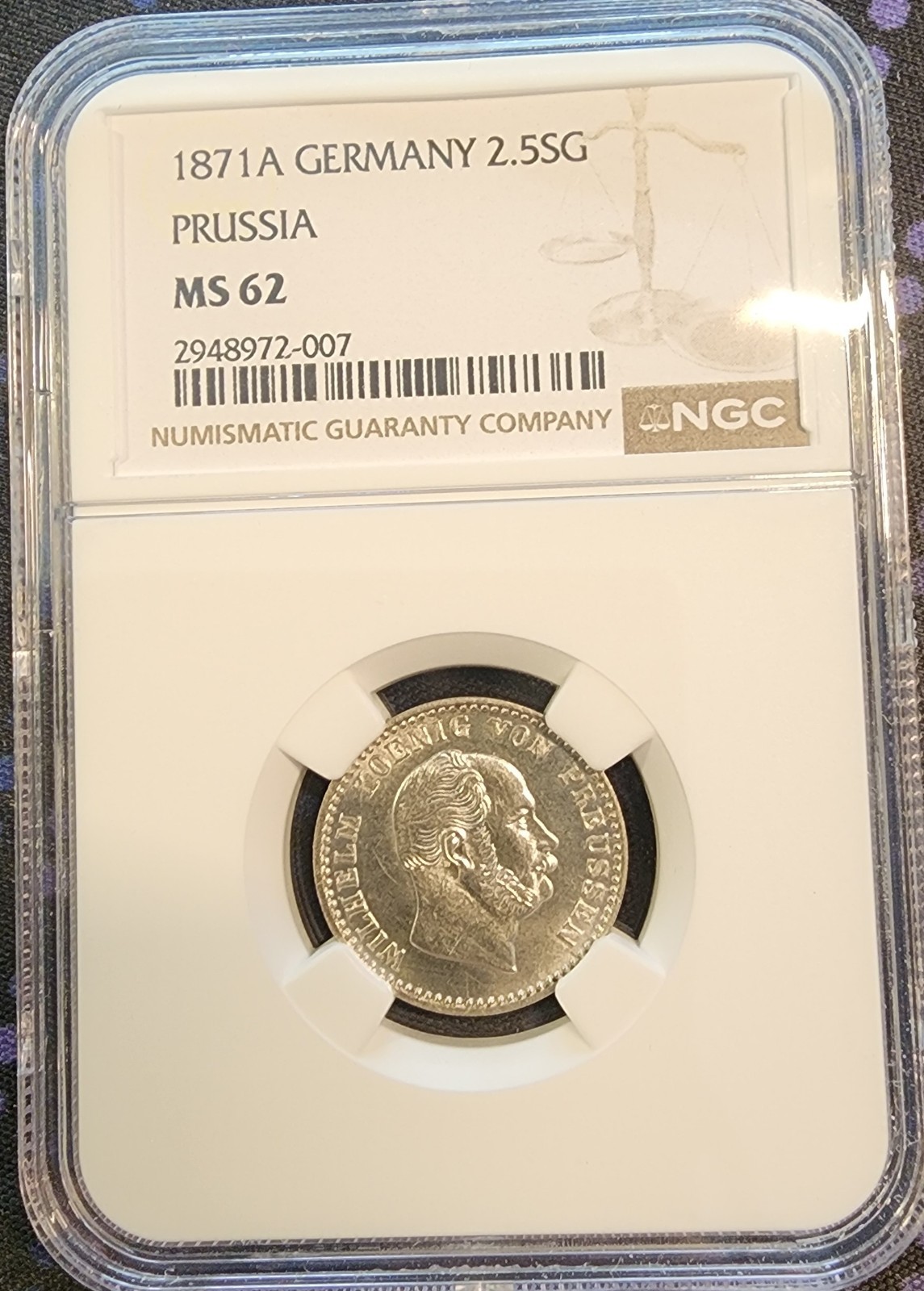 1871A Germany 2.5 Silbergroschen Prussia NGC MS62 Graded