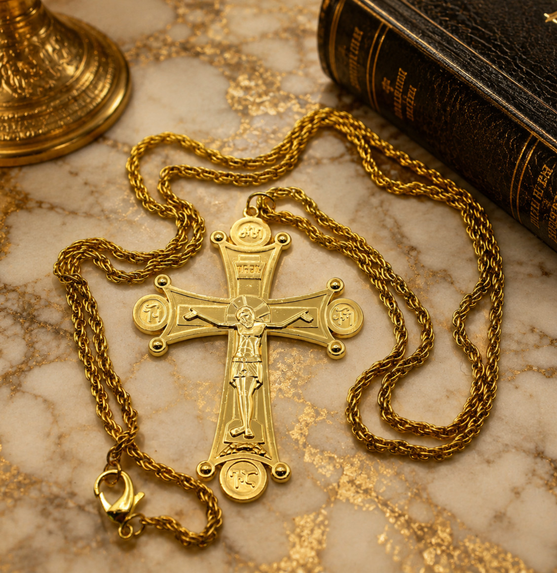 24KT Gold Plated Brass Pectoral Bishop\'s Cross Pendant with 48 7/8\ 24KT Gold Plated Brass Pectoral Bishop\'s Cross Pendant with 48 7/8\