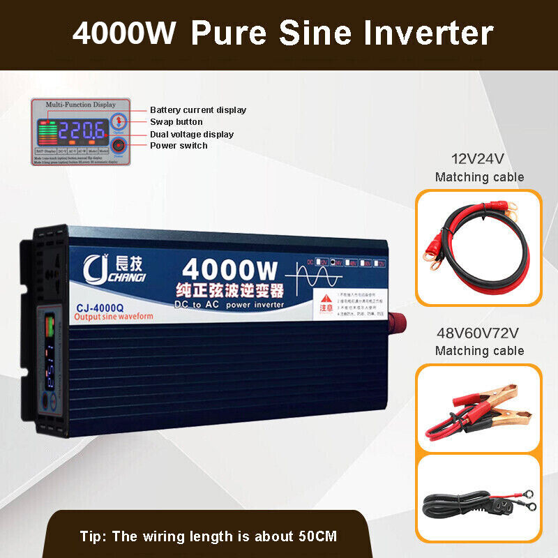 4000W Pure Sine Wave Power Inverter DC 12V  to AC 110V w/ LCD Digital Display