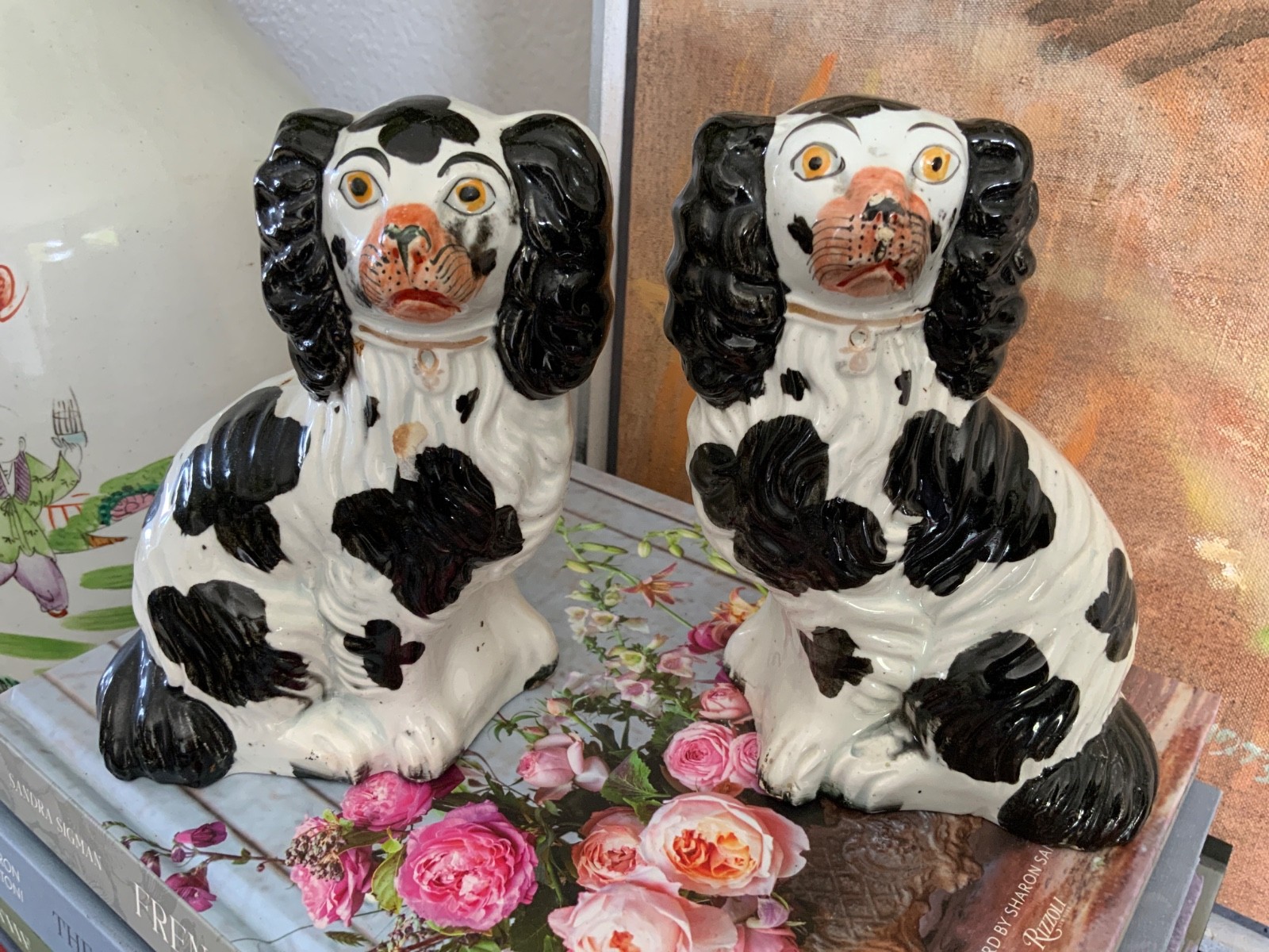 Pair Antique Staffordshire English Pottery Spaniel Dogs Black & White Circa 1870 Pair Antique Staffordshire English Pottery Spaniel Dogs Black & White Circa 1870