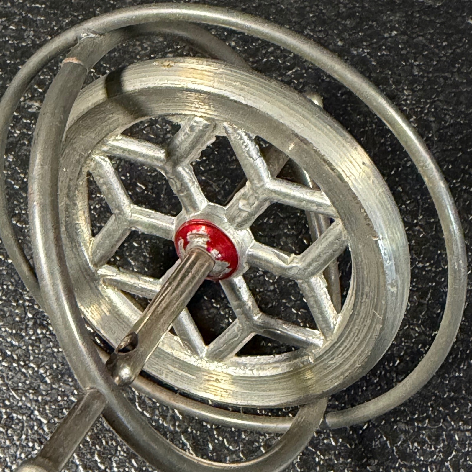 Vintage Metal Gyroscope Toy Mid Century Science Physics Starburst Silver Red
