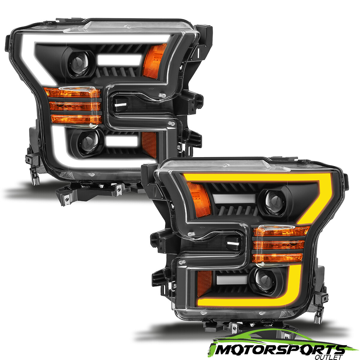 [LED Tube] 2015 2016 2017 Ford F-150 Black LED Bar Projector Headlights Pair