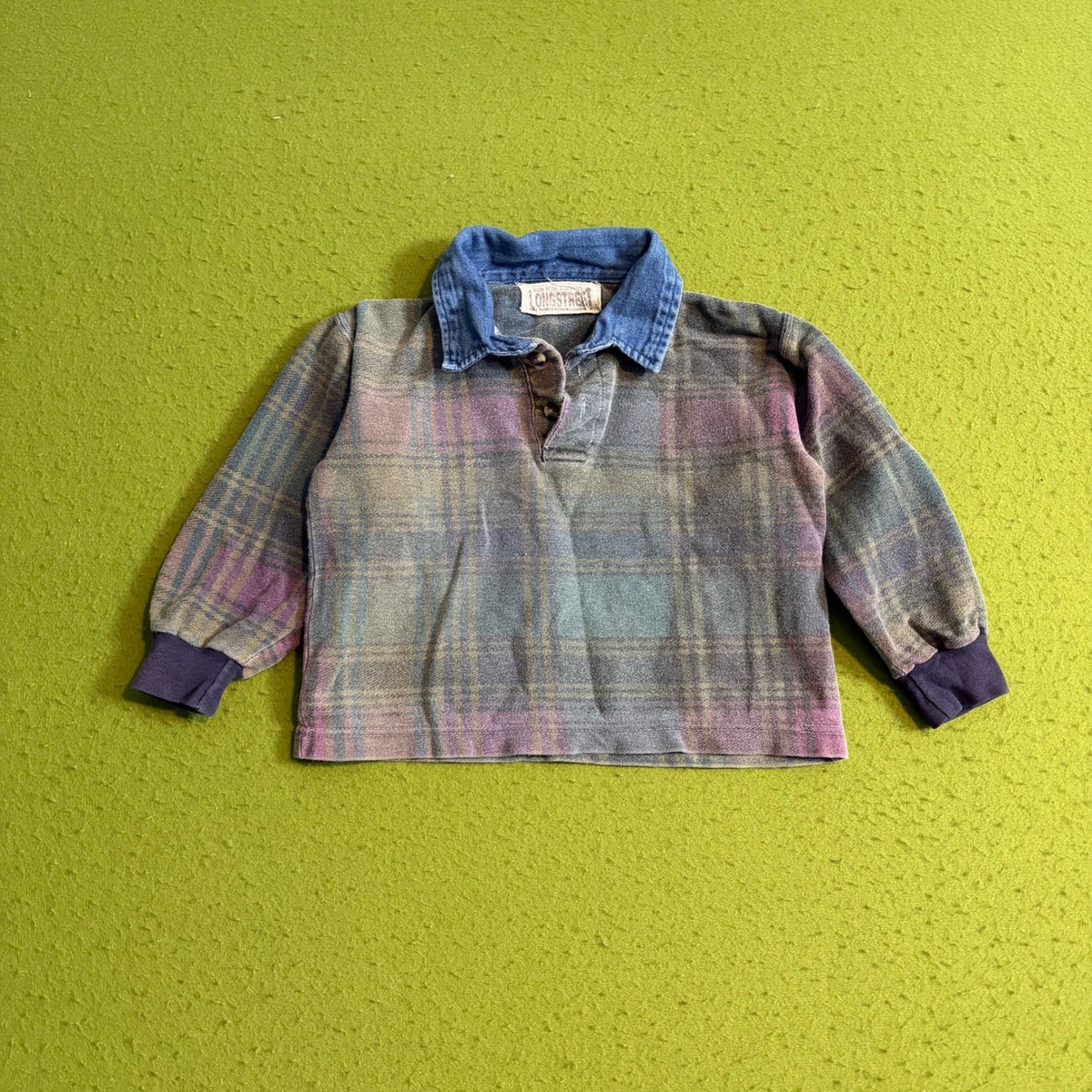 Vintage Longstreet Kids Plaid Long Sleeve Polo Rugby Shirt Denim Collar Vintage Longstreet Kids Plaid Long Sleeve Polo Rugby Shirt Denim Collar