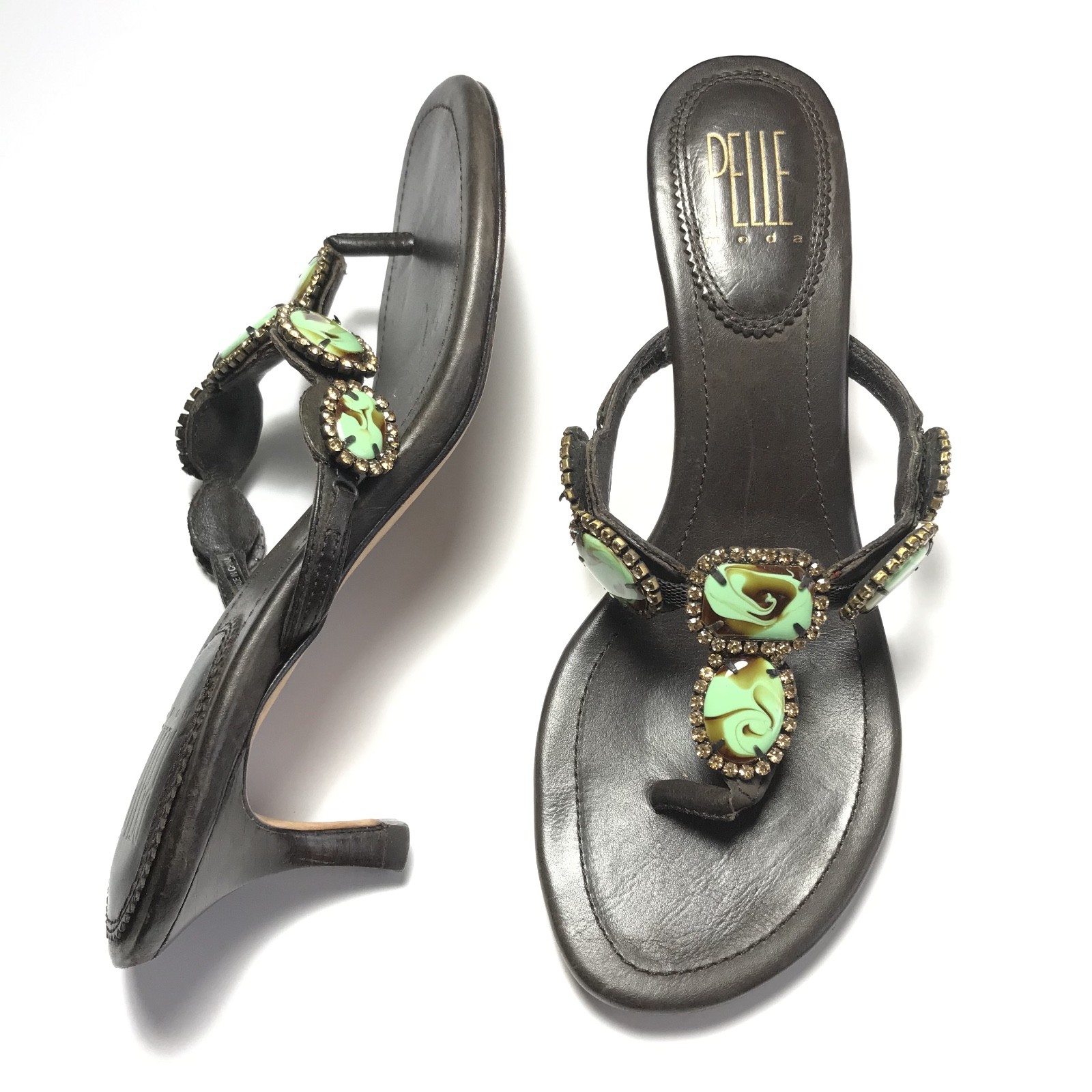 Pelle Moda VTG Y2K Turquoise Stone Thong Mule Leather Sandal Kitten Heels 6.5 Pelle Moda VTG Y2K Turquoise Stone Thong Mule Leather Sandal Kitten Heels 6.5